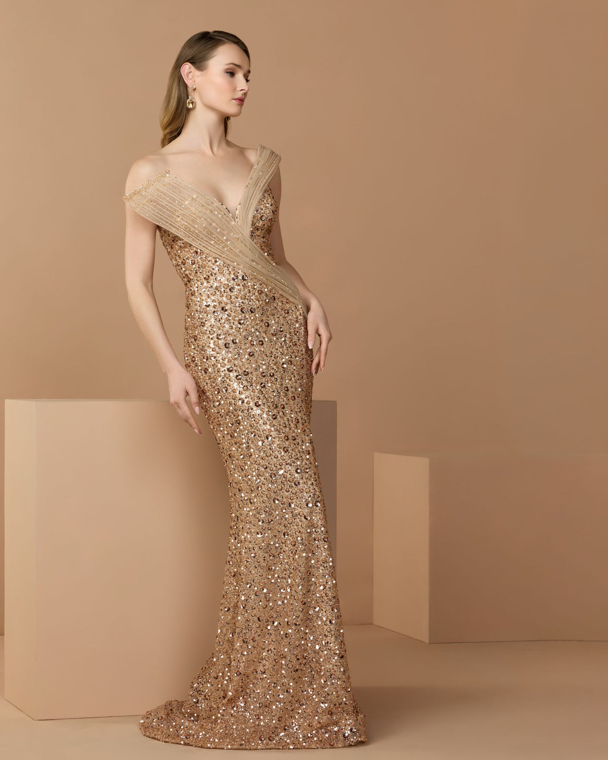 Gold Embellished Strapless Gown With Sculptural Drape - Mac Duggal