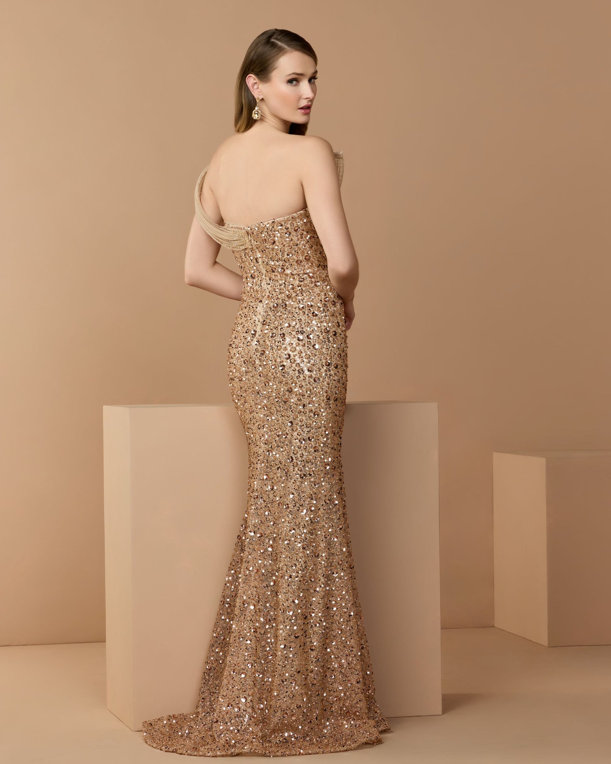 Gold Embellished Strapless Gown With Sculptural Drape - Mac Duggal