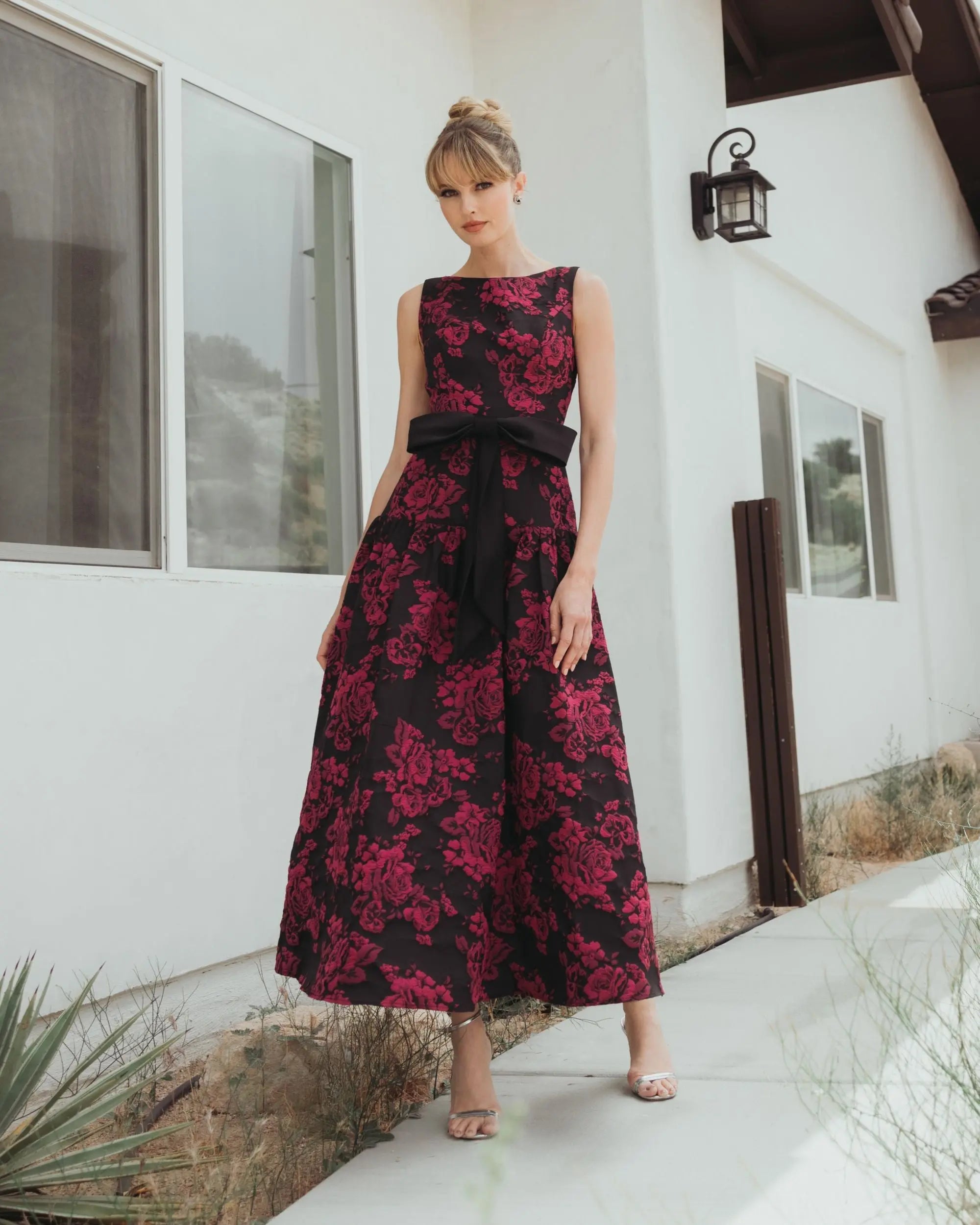 Black Brocade Drop Waist Midi Dress With Satin Bow | Mac Duggal