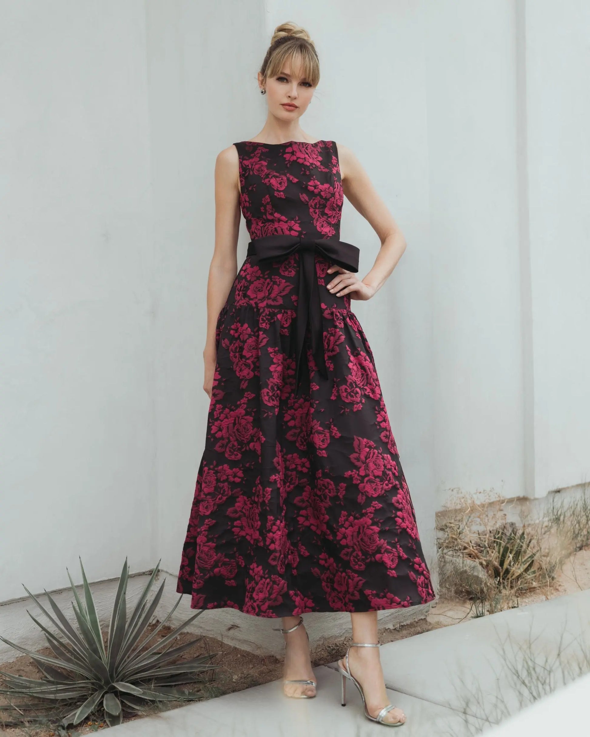Mac Duggal Women's Satin Bow-Waist Floral Brocade Midi-Dress - Magenta Multi - Size 14 Mac Duggal Women's Satin Bow-Waist Floral Brocade Midi-Dress - Magenta Multi - Size 14