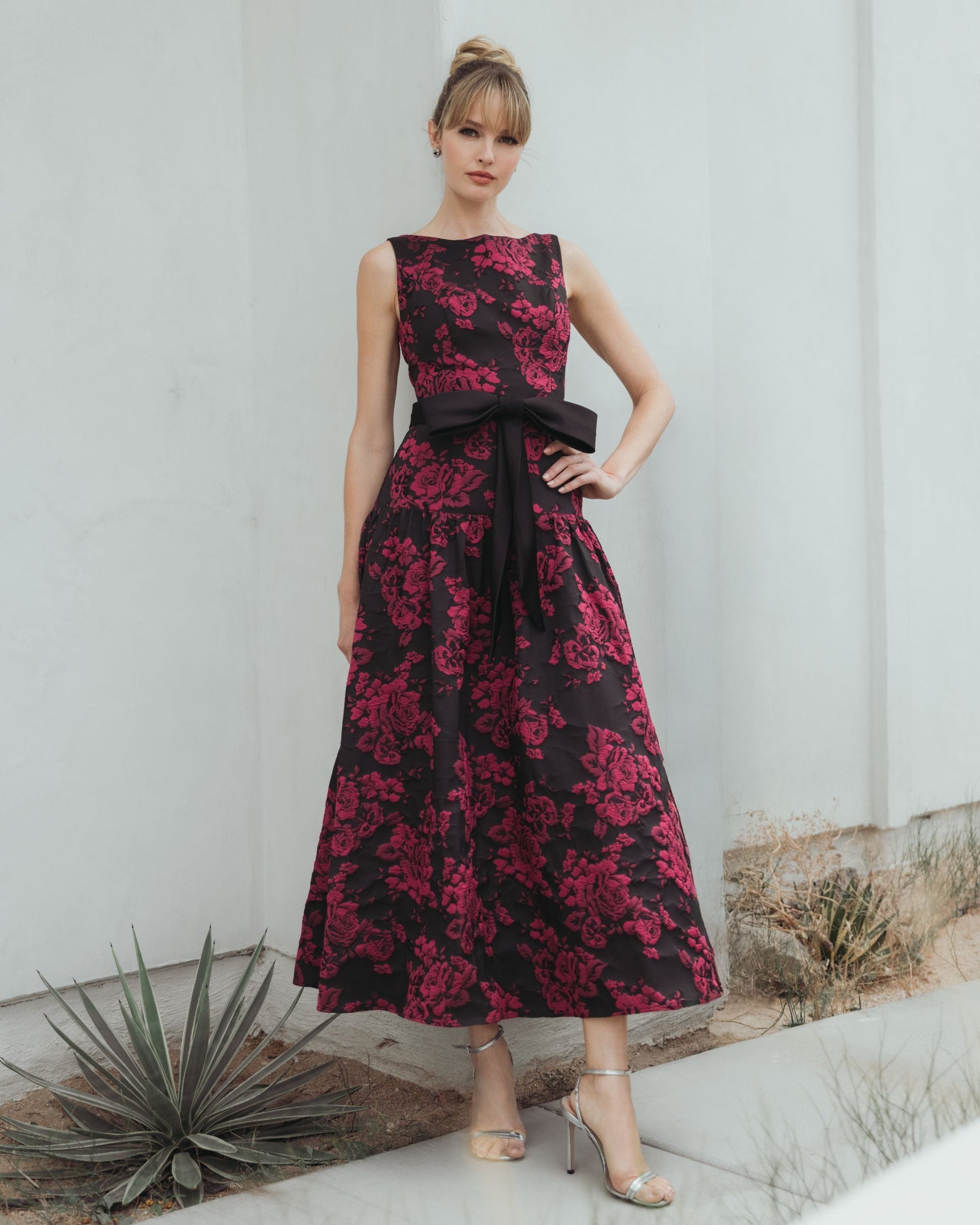 Black Brocade Drop Waist Midi Dress With Satin Bow - Ieena for Mac Duggal