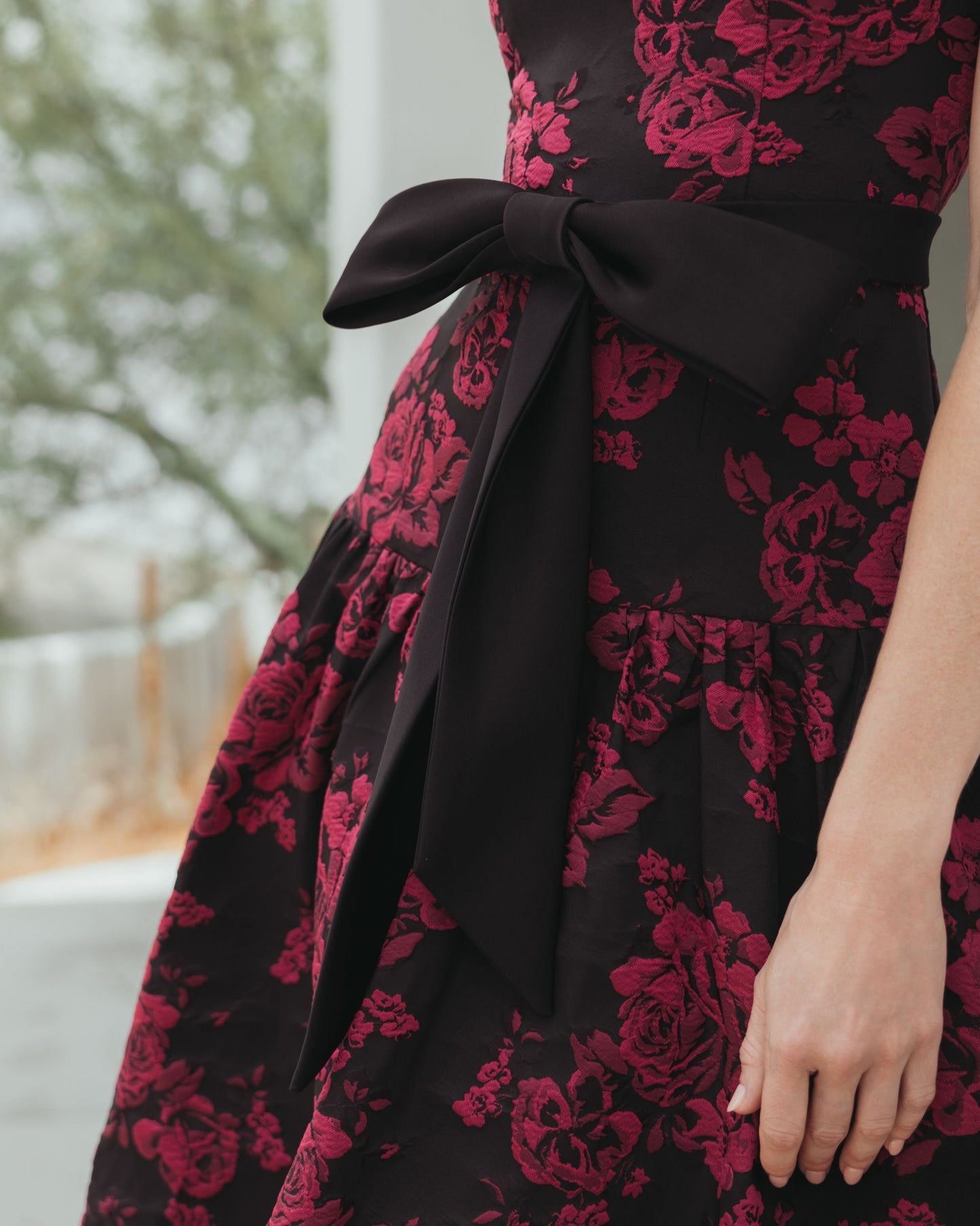Black Brocade Drop Waist Midi Dress With Satin Bow - Ieena for Mac Duggal