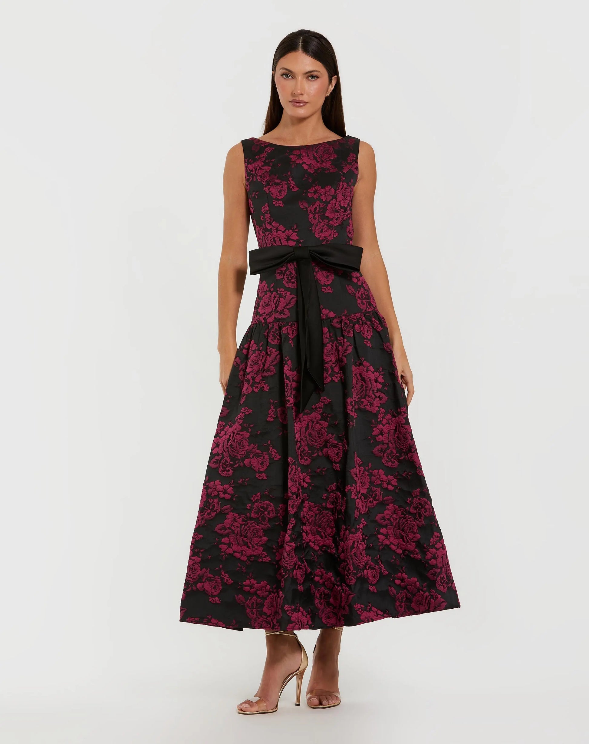 Black Brocade Drop Waist Midi Dress With Satin Bow - Ieena for Mac Duggal