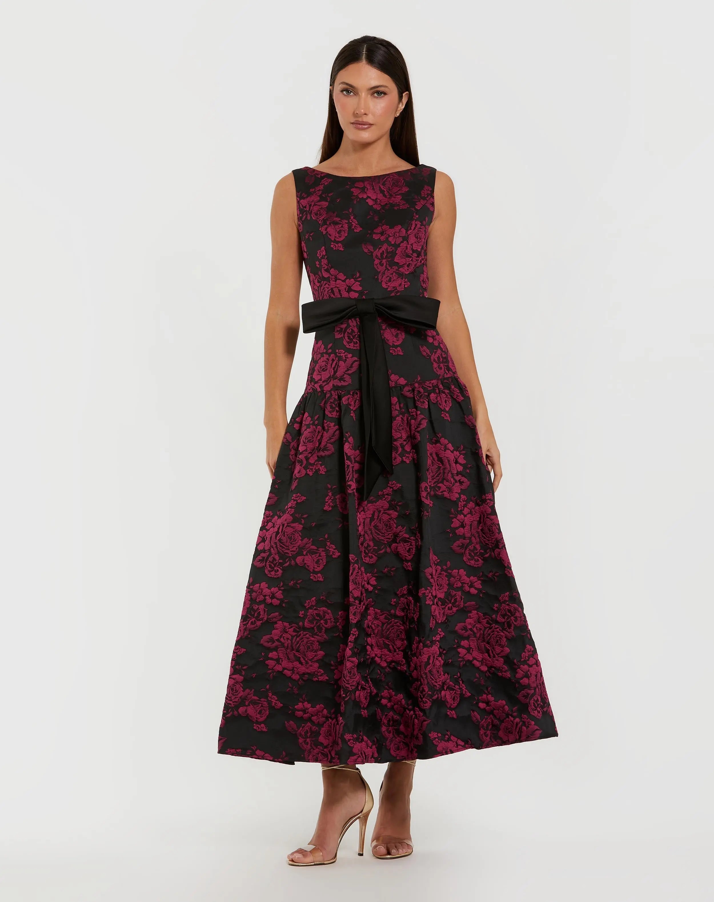 Black Brocade Drop Waist Midi Dress With Satin Bow - Ieena for Mac Duggal