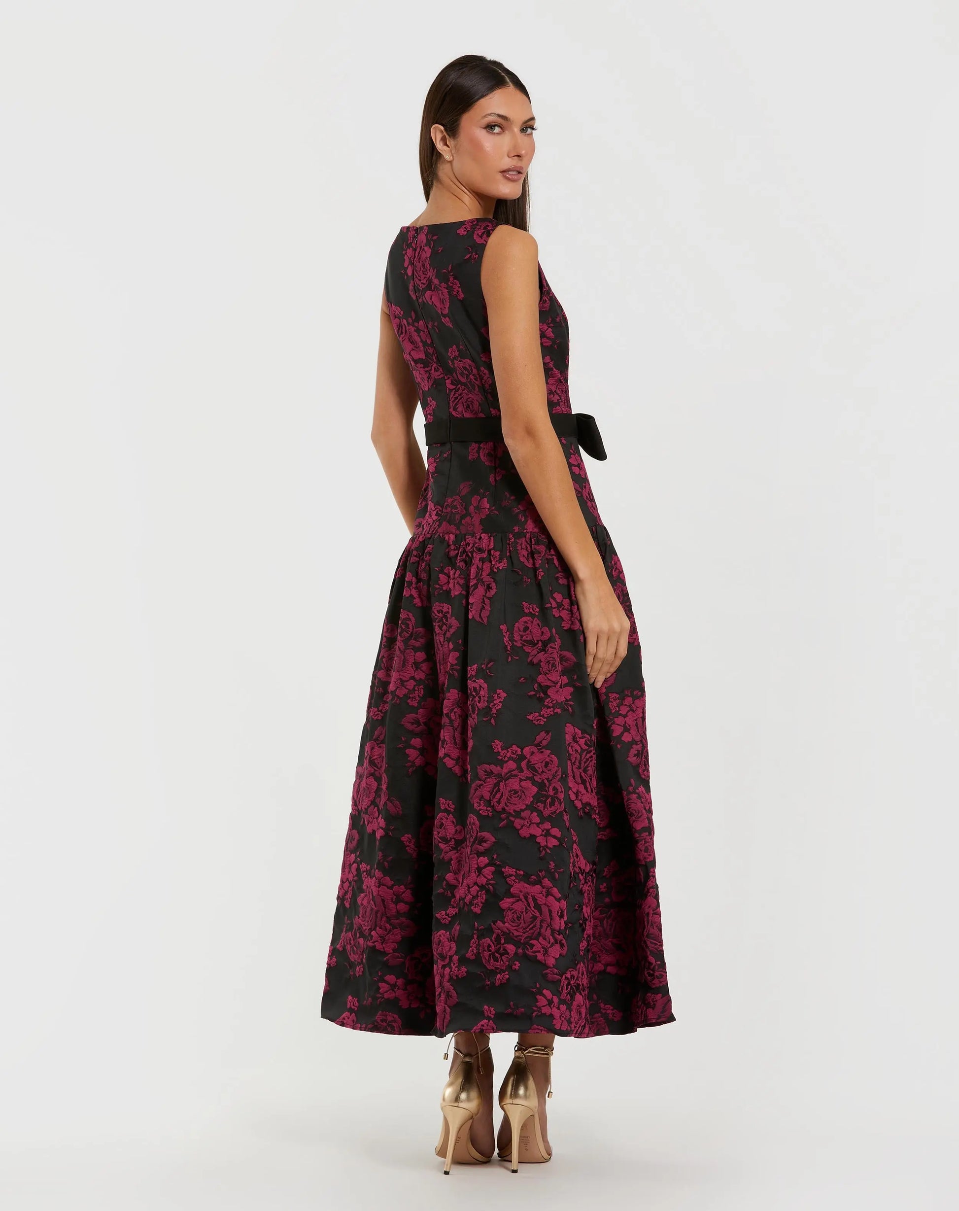 Black Brocade Drop Waist Midi Dress With Satin Bow | Mac Duggal Black Brocade Drop Waist Midi Dress With Satin Bow | Mac Duggal