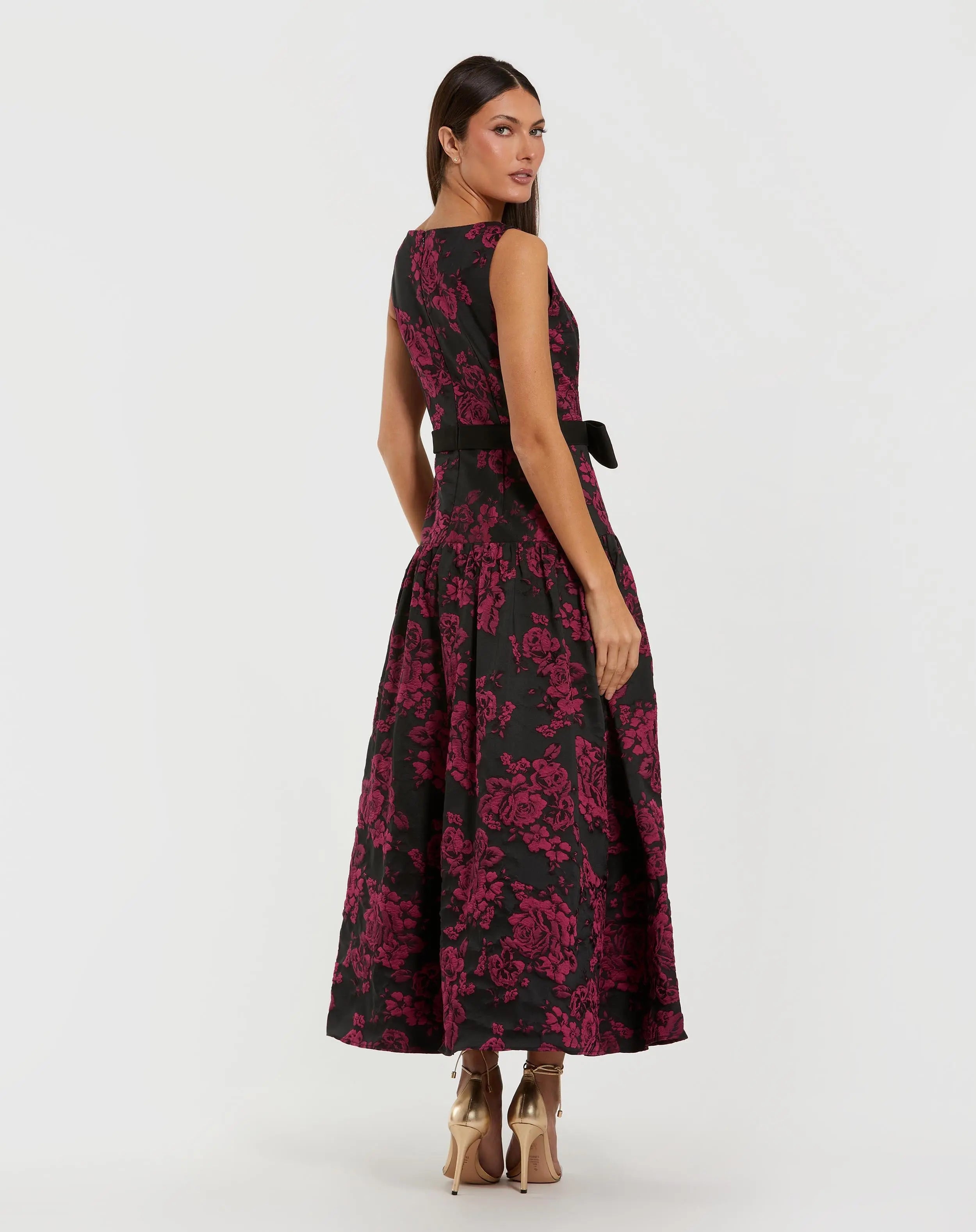Black Brocade Drop Waist Midi Dress With Satin Bow - Ieena for Mac Duggal
