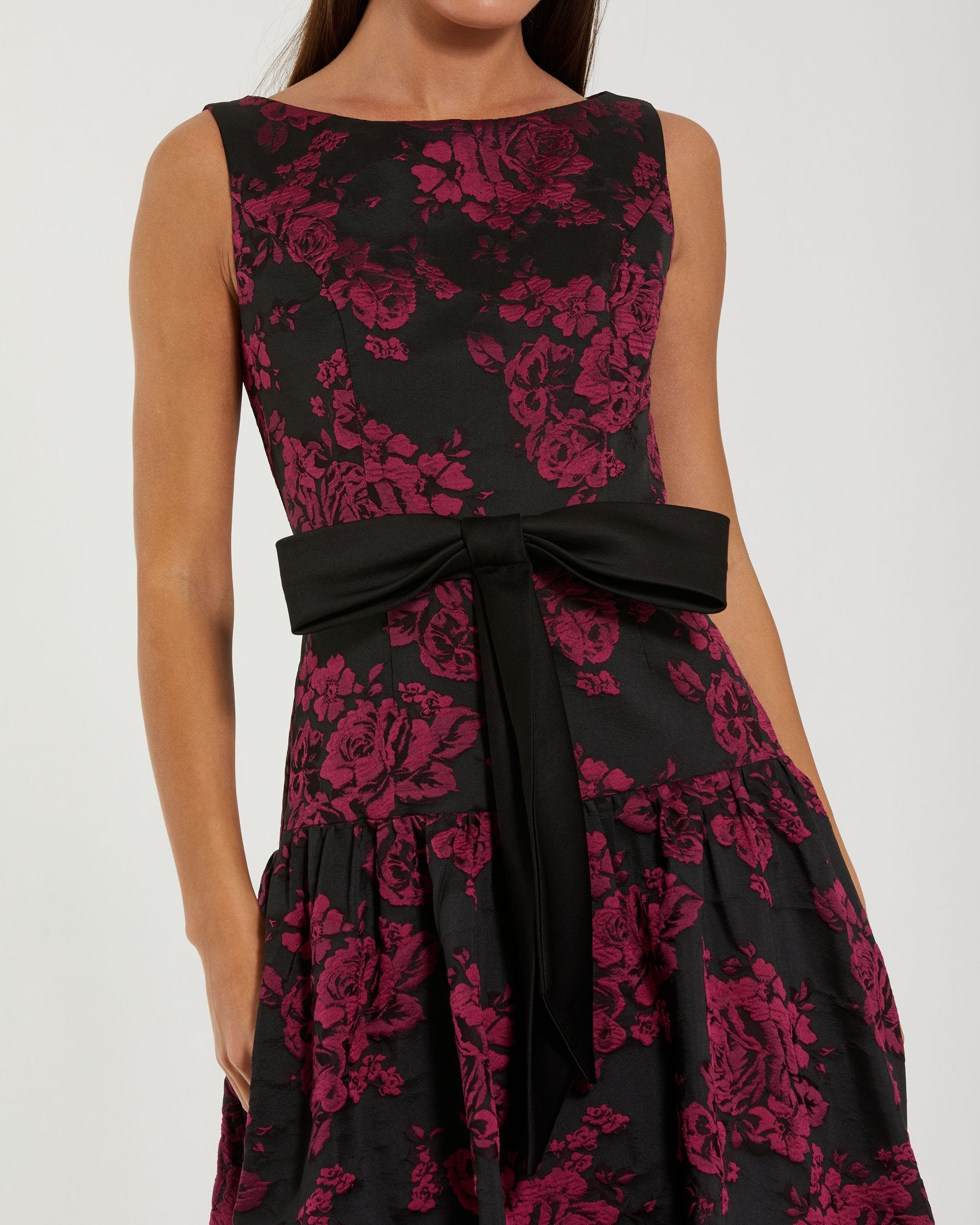 Black Brocade Drop Waist Midi Dress With Satin Bow - Ieena for Mac Duggal