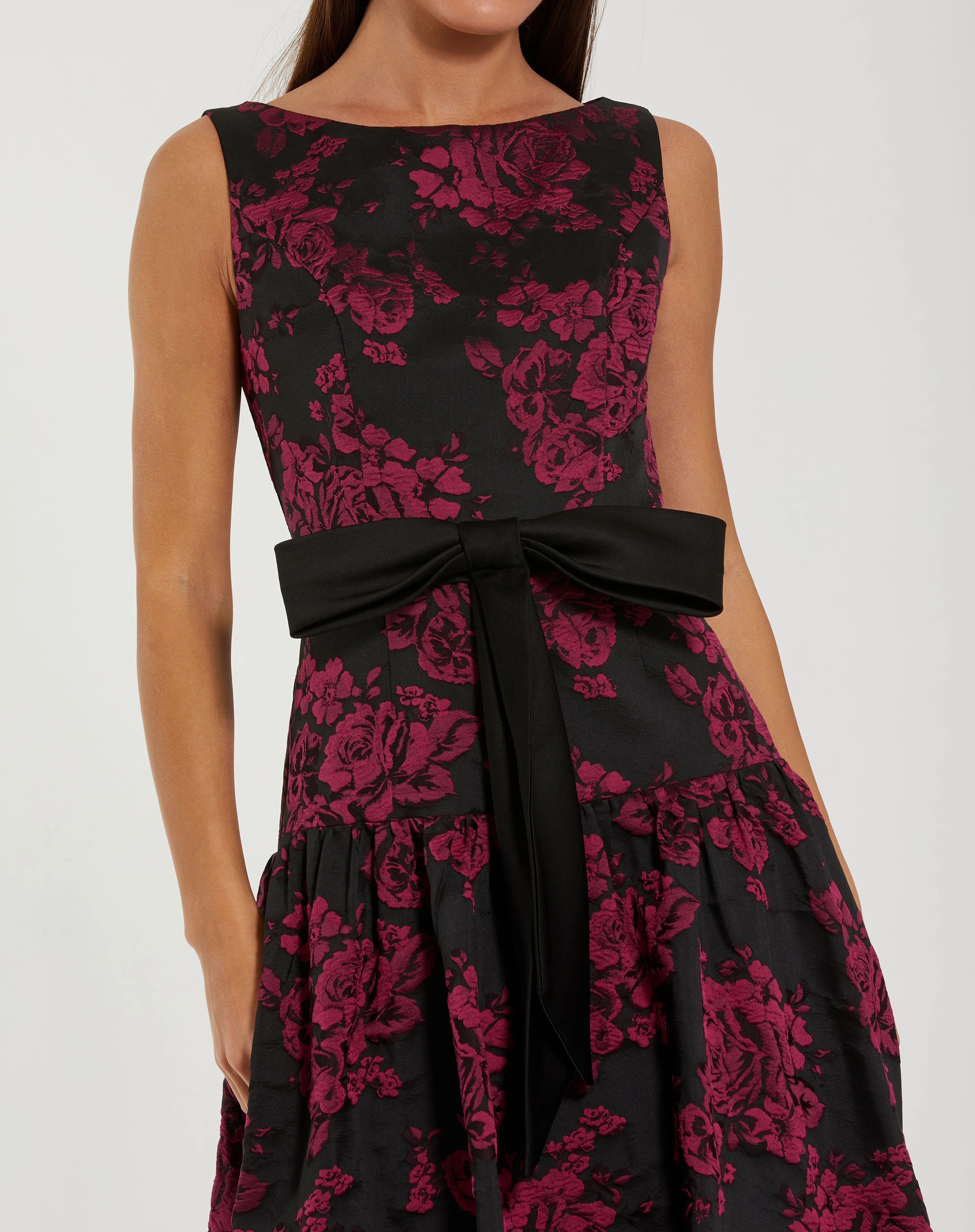 Black Brocade Drop Waist Midi Dress With Satin Bow Ieena for Mac Duggal