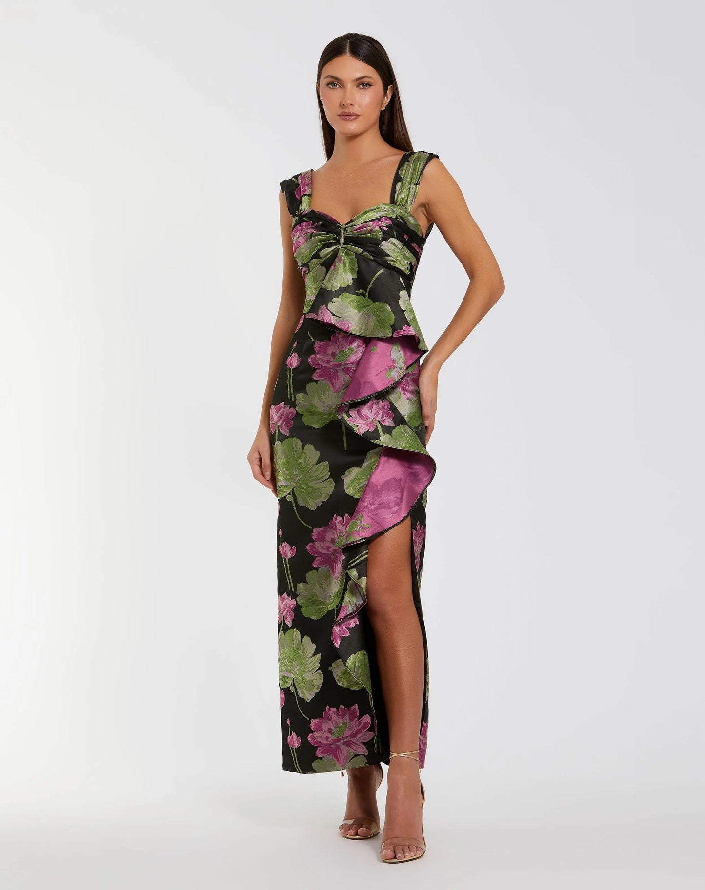 Black Sleeveless Floral Maxi Dress With Ruffle Detail | Mac Duggal Black Sleeveless Floral Maxi Dress With Ruffle Detail | Mac Duggal