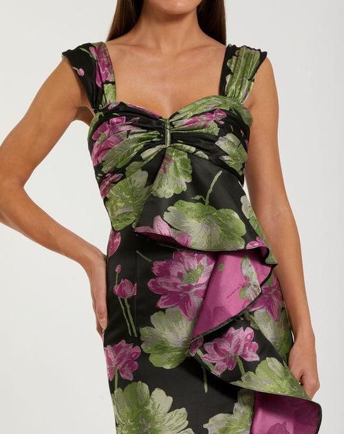 Brocade Wide Strap Ankle Length Dress With Ruffle Mac Duggal