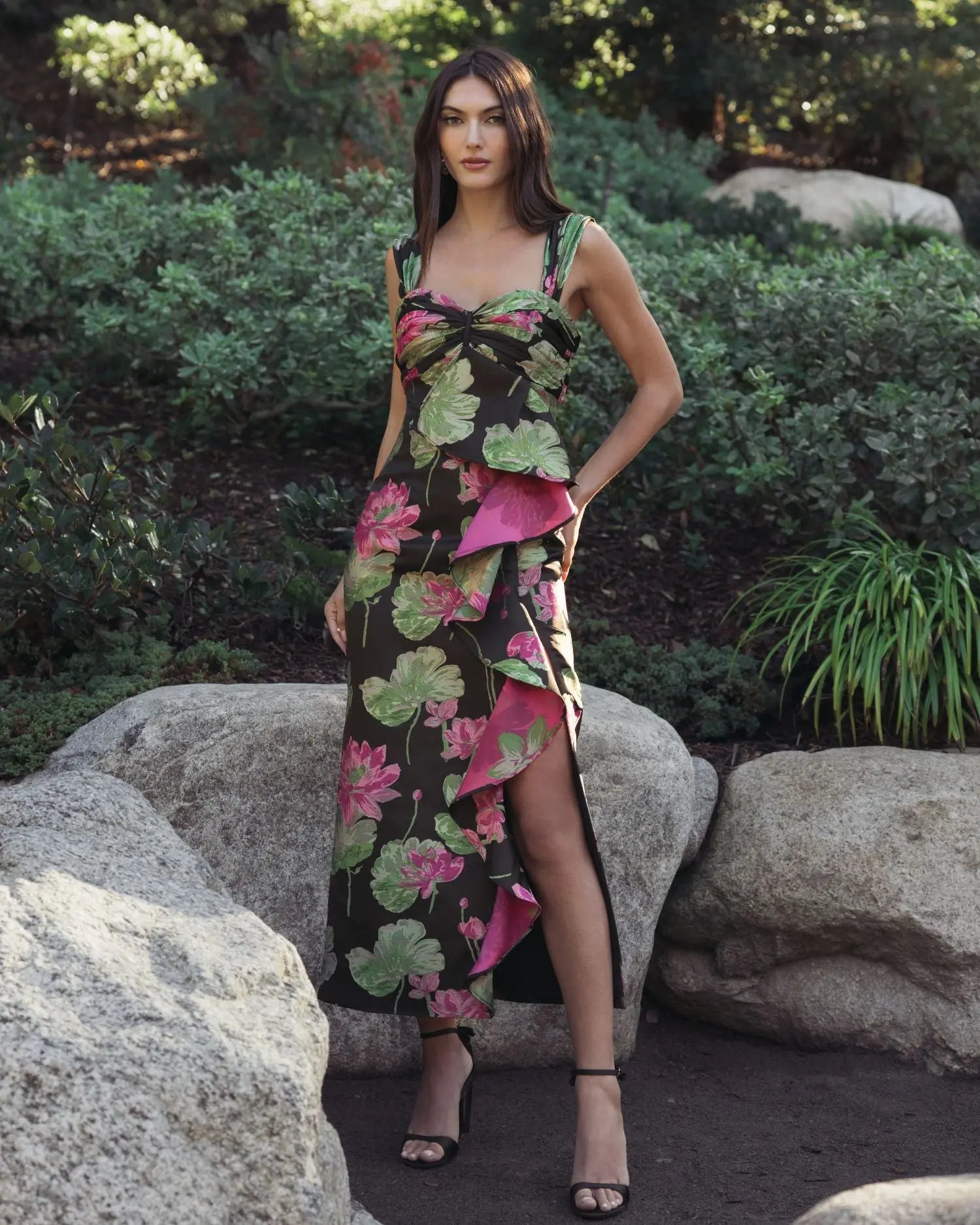 Black Sleeveless Floral Maxi Dress With Ruffle Detail | Mac Duggal Black Sleeveless Floral Maxi Dress With Ruffle Detail | Mac Duggal