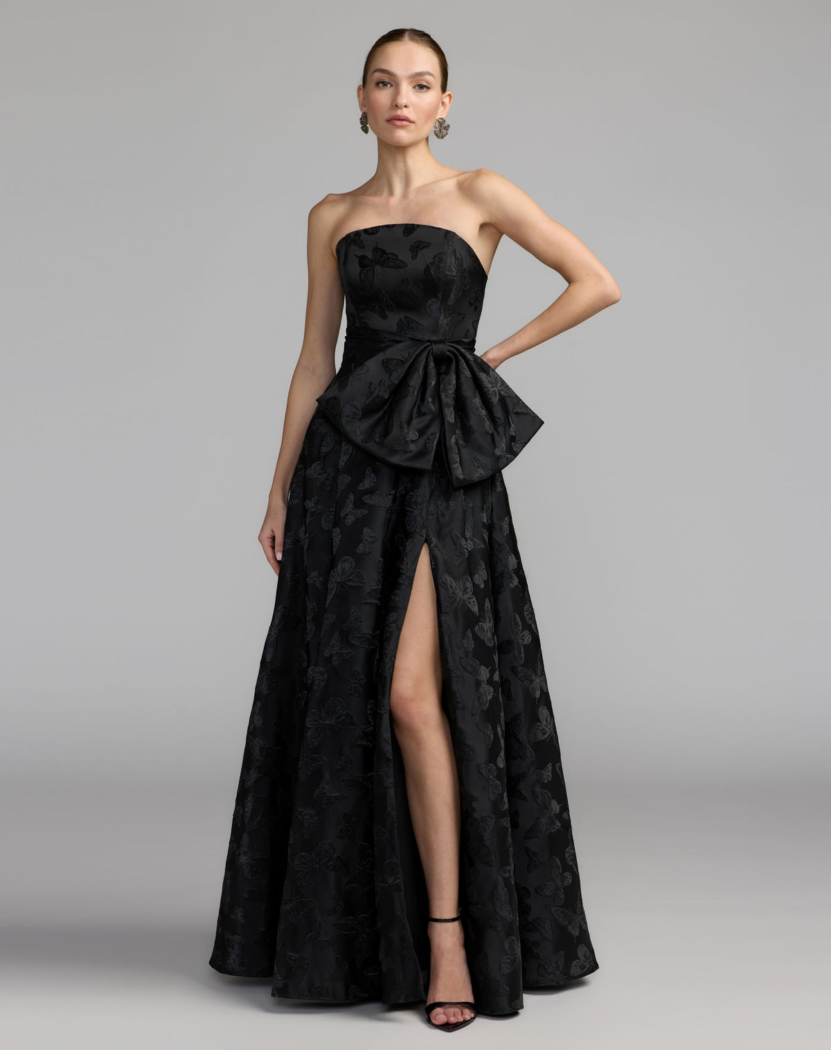 Black Strapless Brocade A-Line Gown With Bow - Mac Duggal