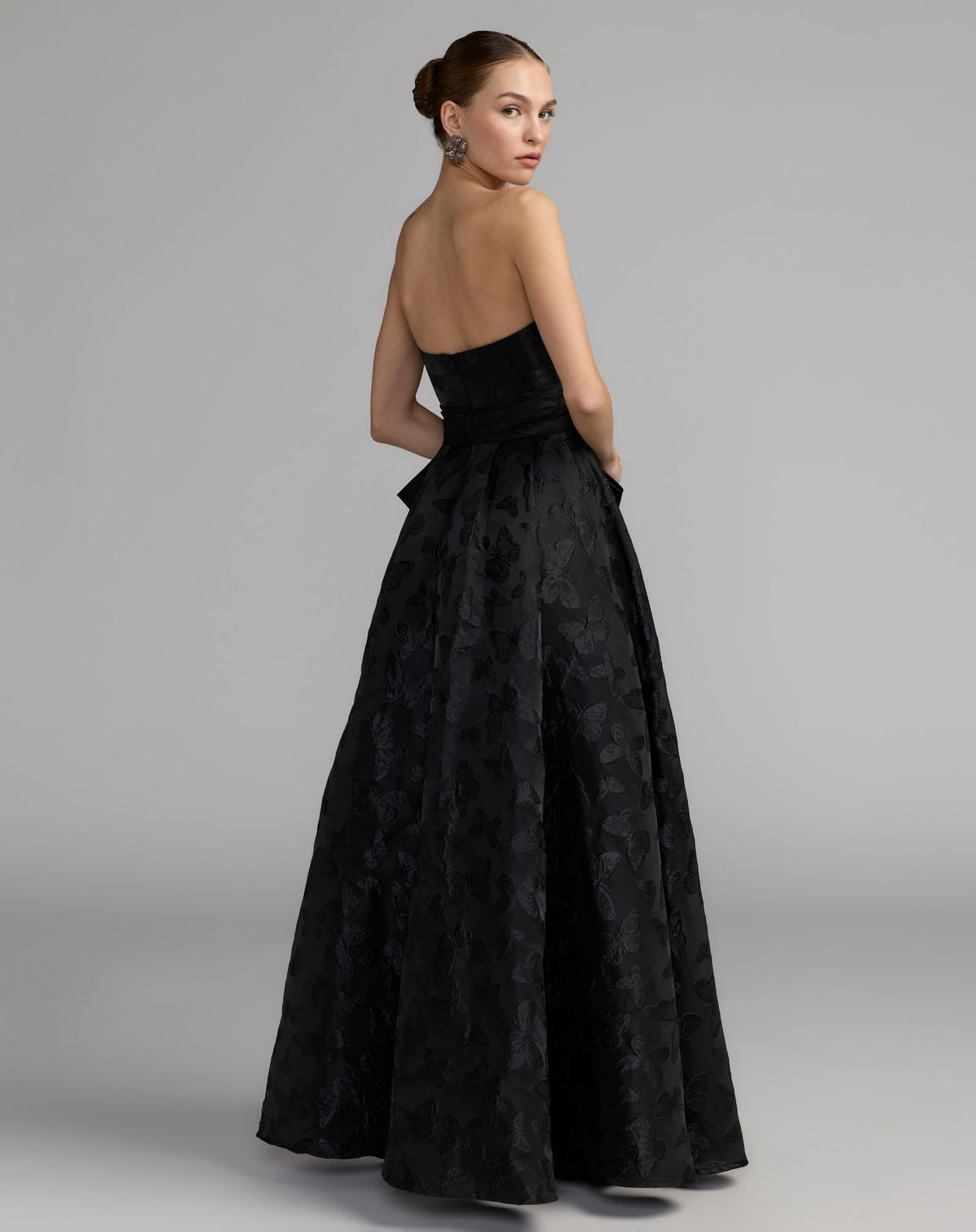 Black Strapless Brocade A-Line Gown With Bow - Mac Duggal