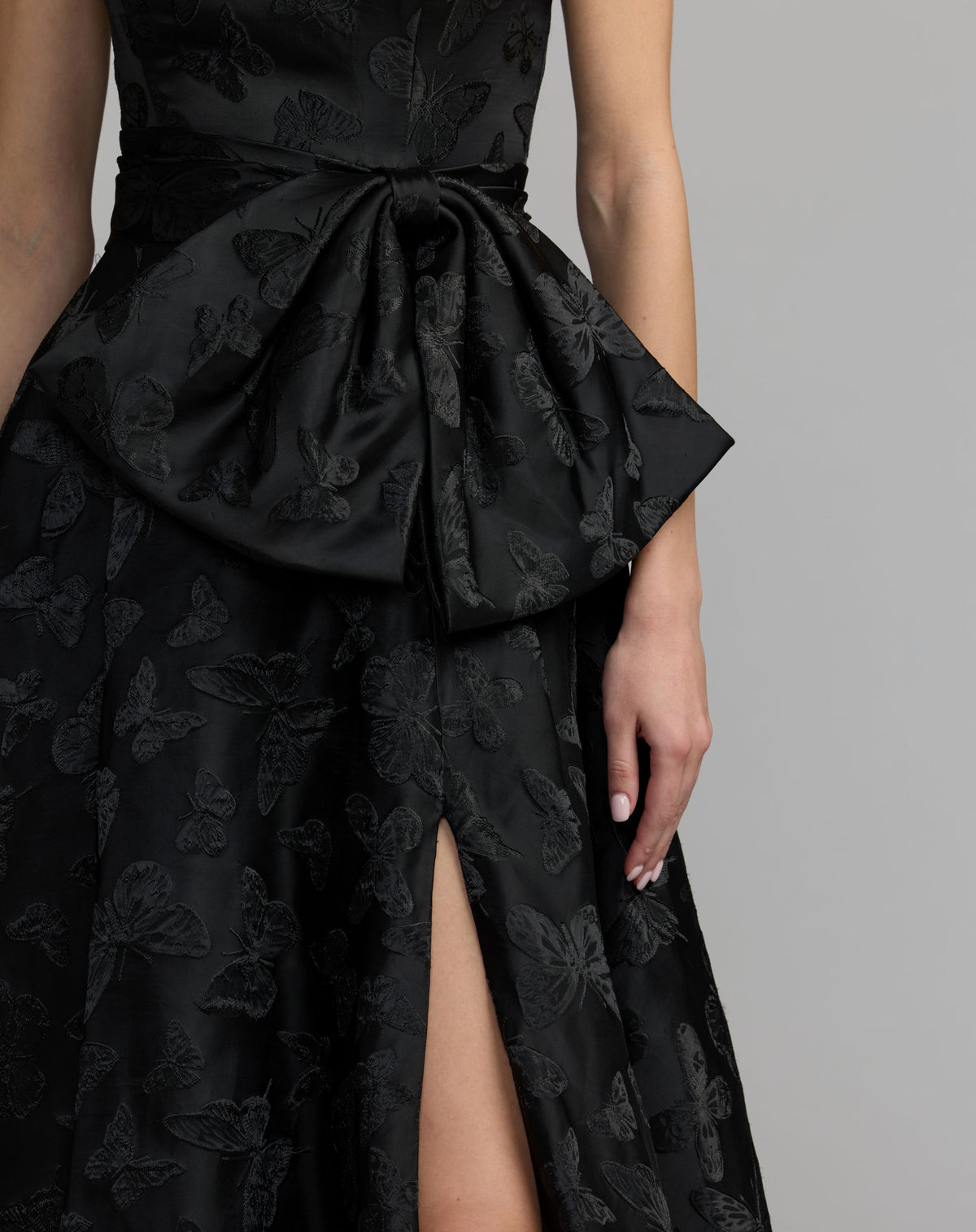 Black Strapless Brocade A-Line Gown With Bow - Mac Duggal