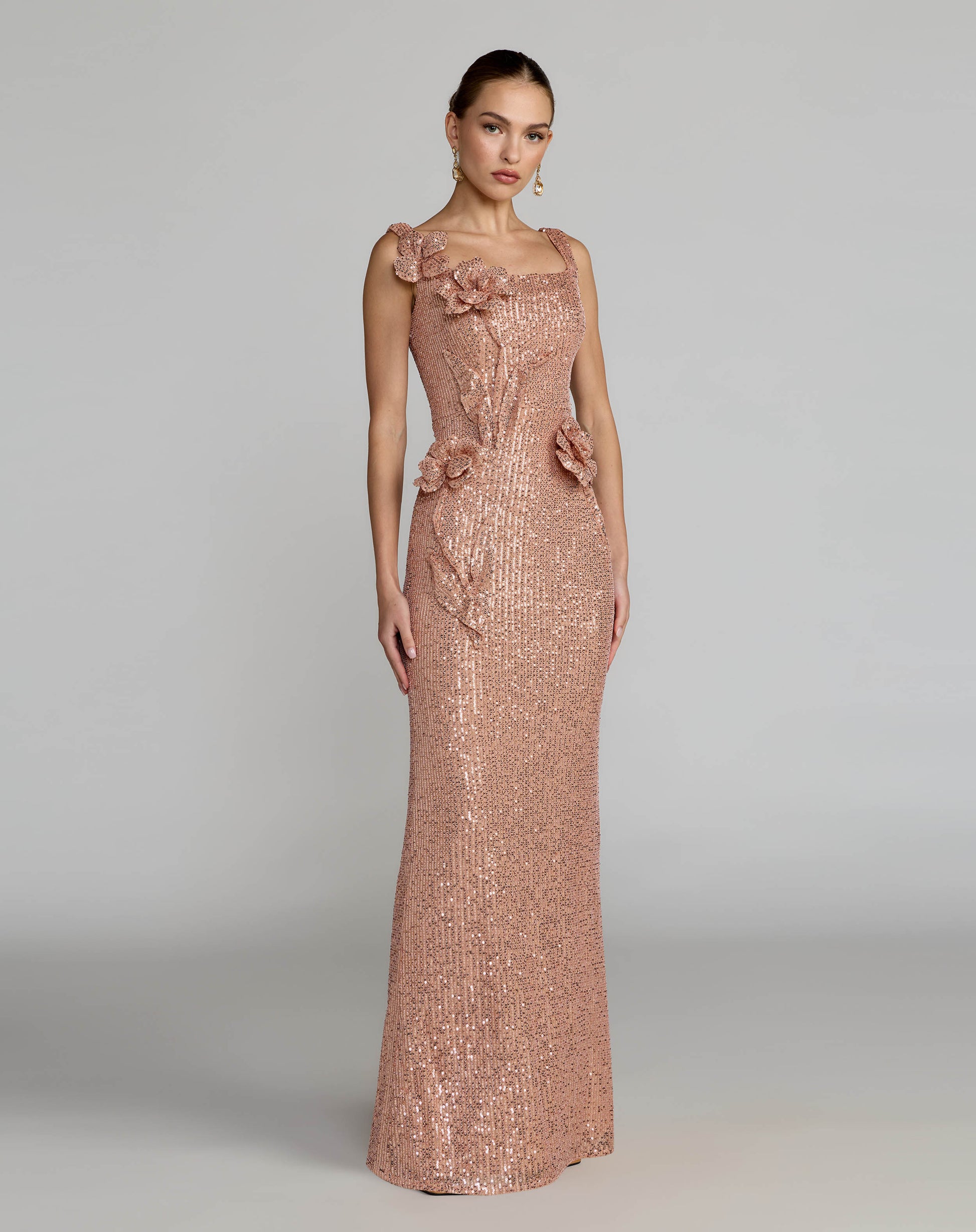 Light Pink Sequin Column Gown With 3D Flowers Ieena for Mac Duggal