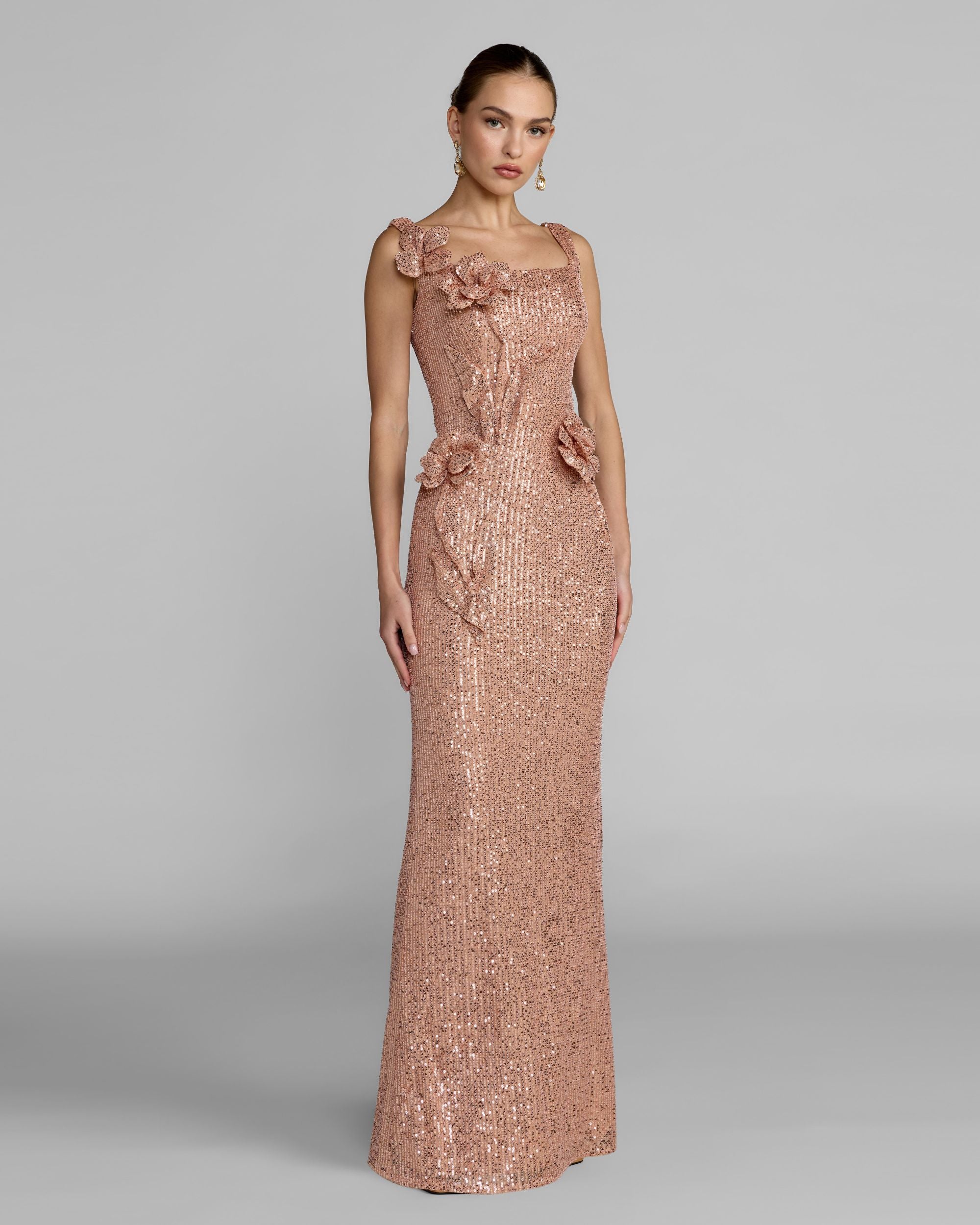 Light Pink Sequin Column Gown With 3D Flowers Ieena for Mac Duggal