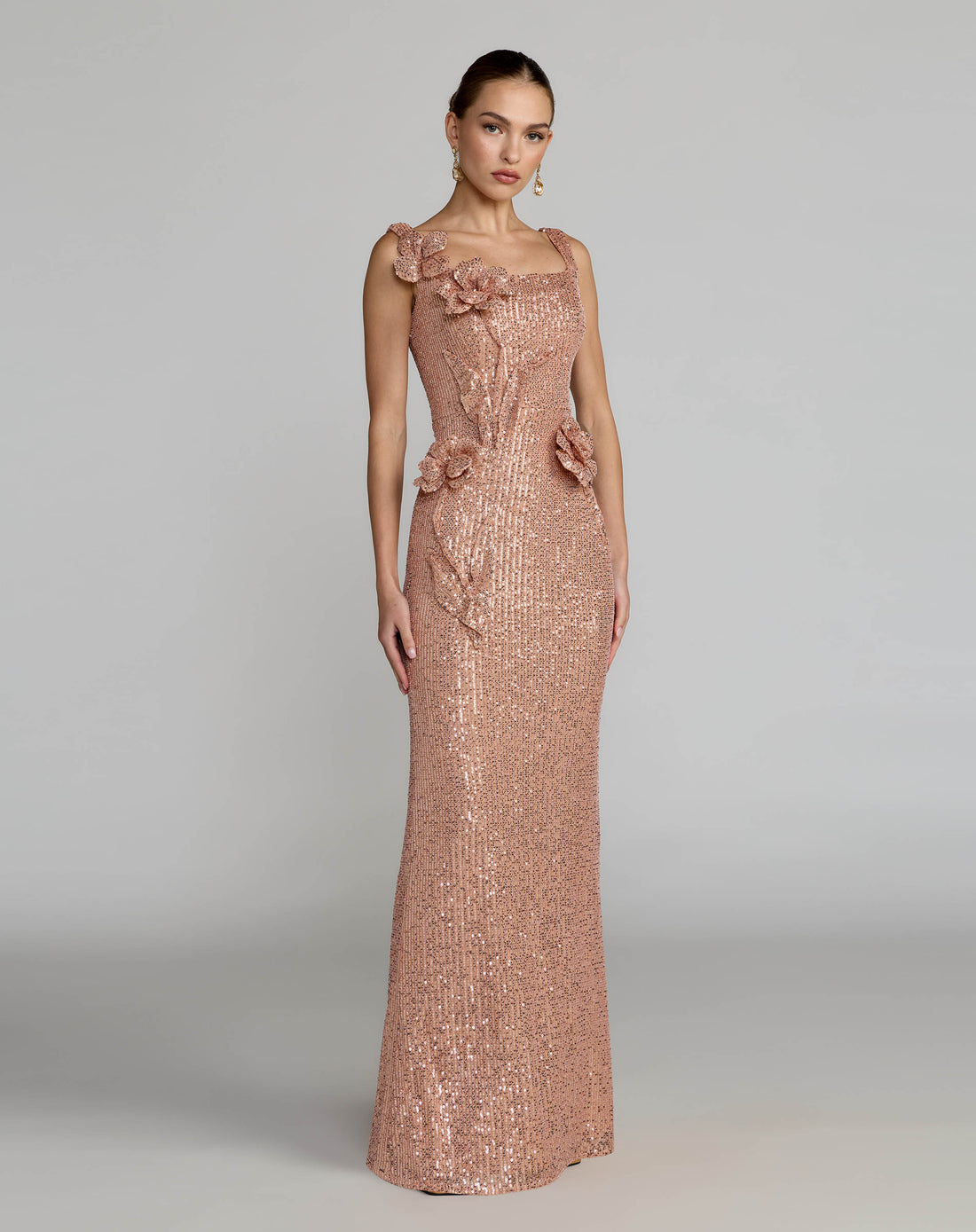 Light Pink Sequin Column Gown With 3D Flowers Ieena for Mac Duggal