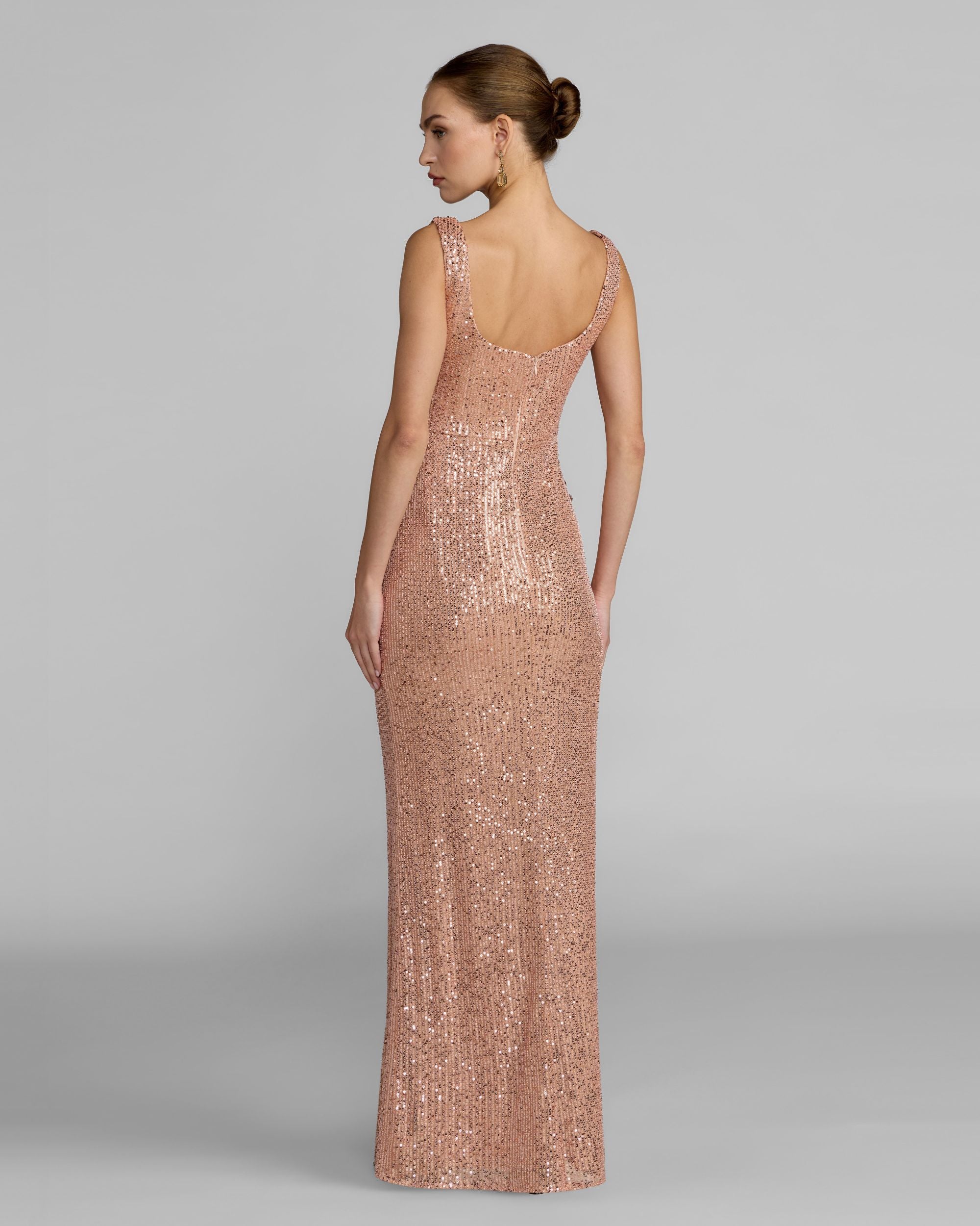 Light Pink Sequin Column Gown With 3D Flowers Ieena for Mac Duggal
