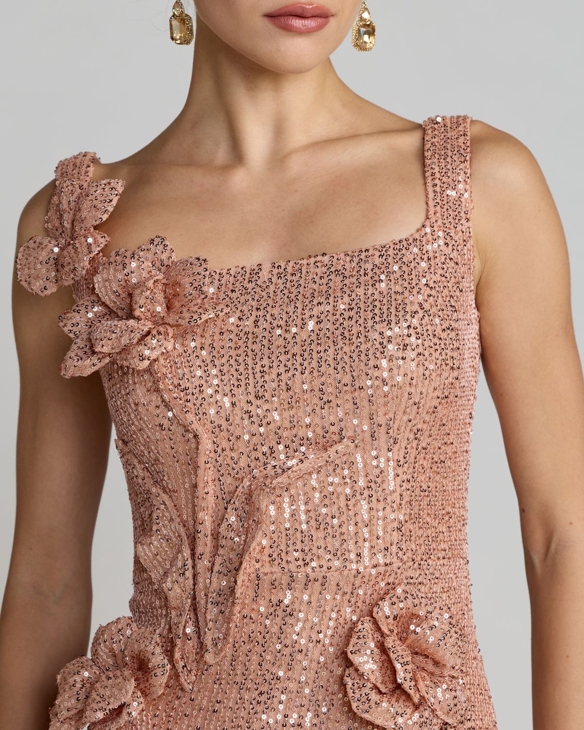 Light Pink Sequin Column Gown With 3D Flowers Ieena for Mac Duggal