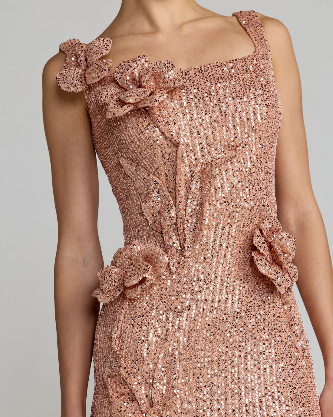 Light Pink Sequin Column Gown With 3D Flowers Ieena for Mac Duggal