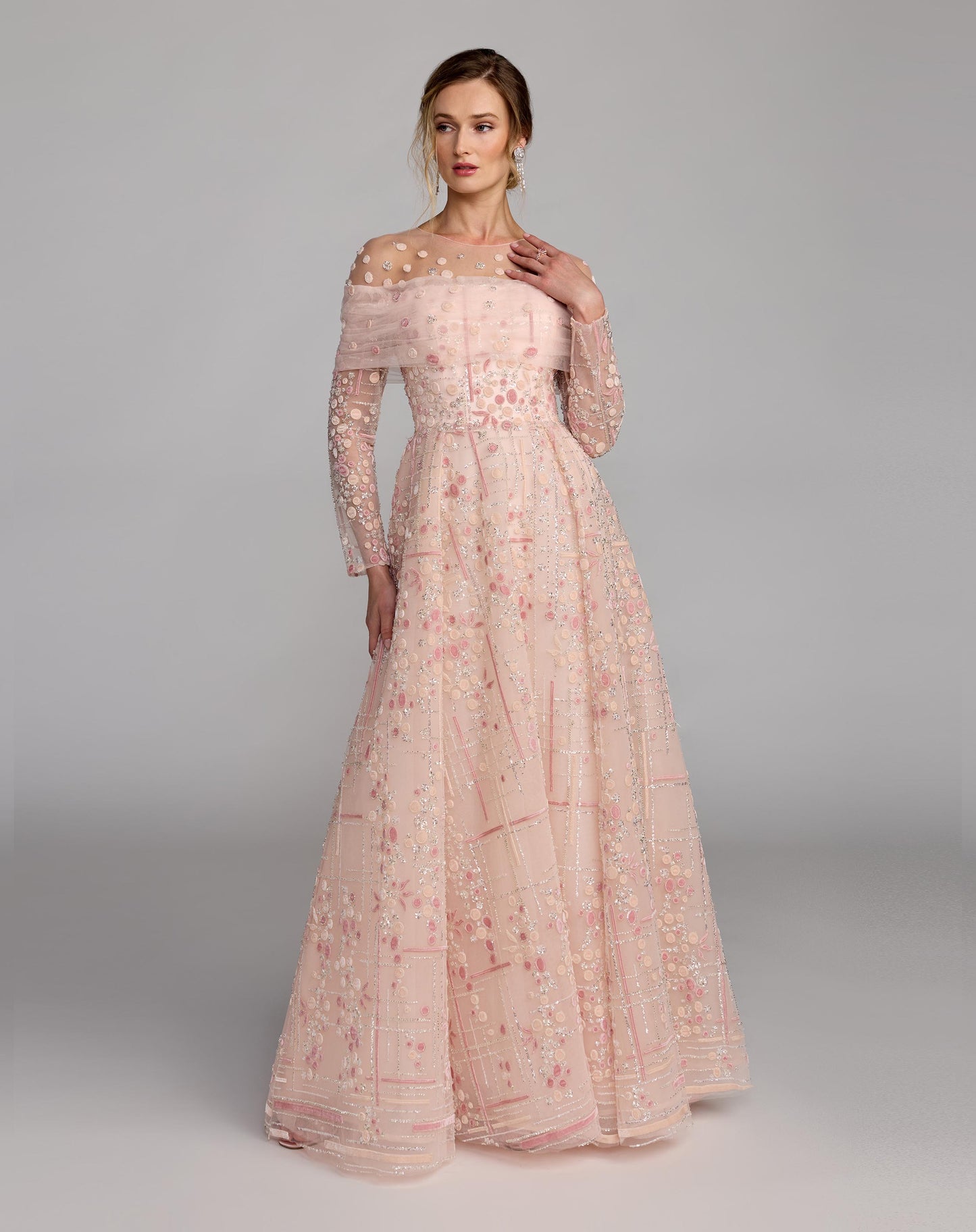 Pink Embroidered Illusion Long Sleeve Ball Gown Mac Duggal