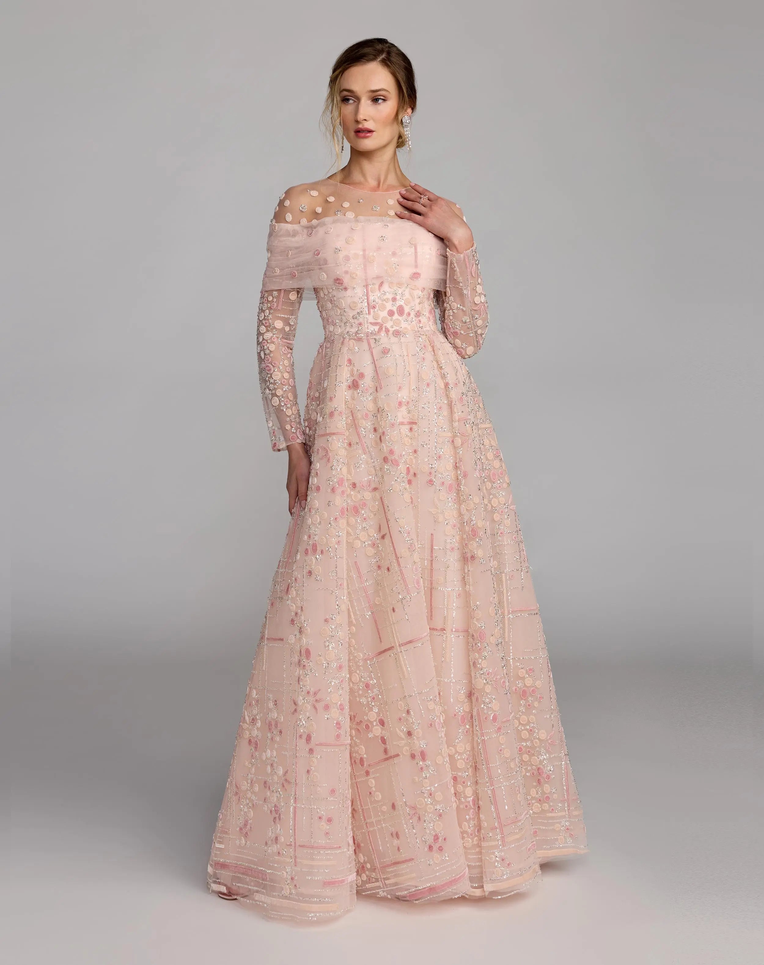 Pink Off The Shoulder Embellished Long Sleeve Ball Gown - Mac Duggal
