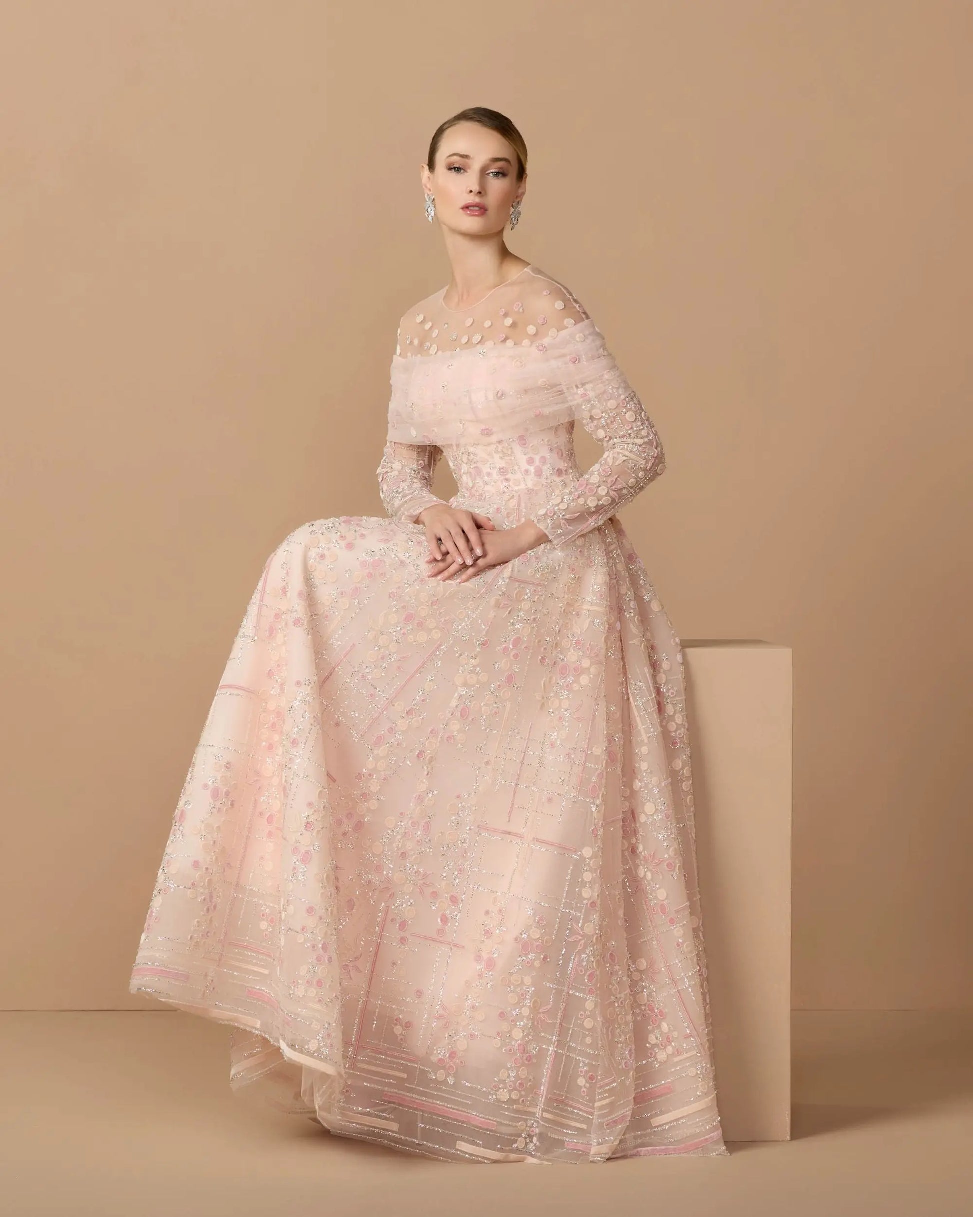 Pink Off The Shoulder Embellished Long Sleeve Ball Gown - Mac Duggal
