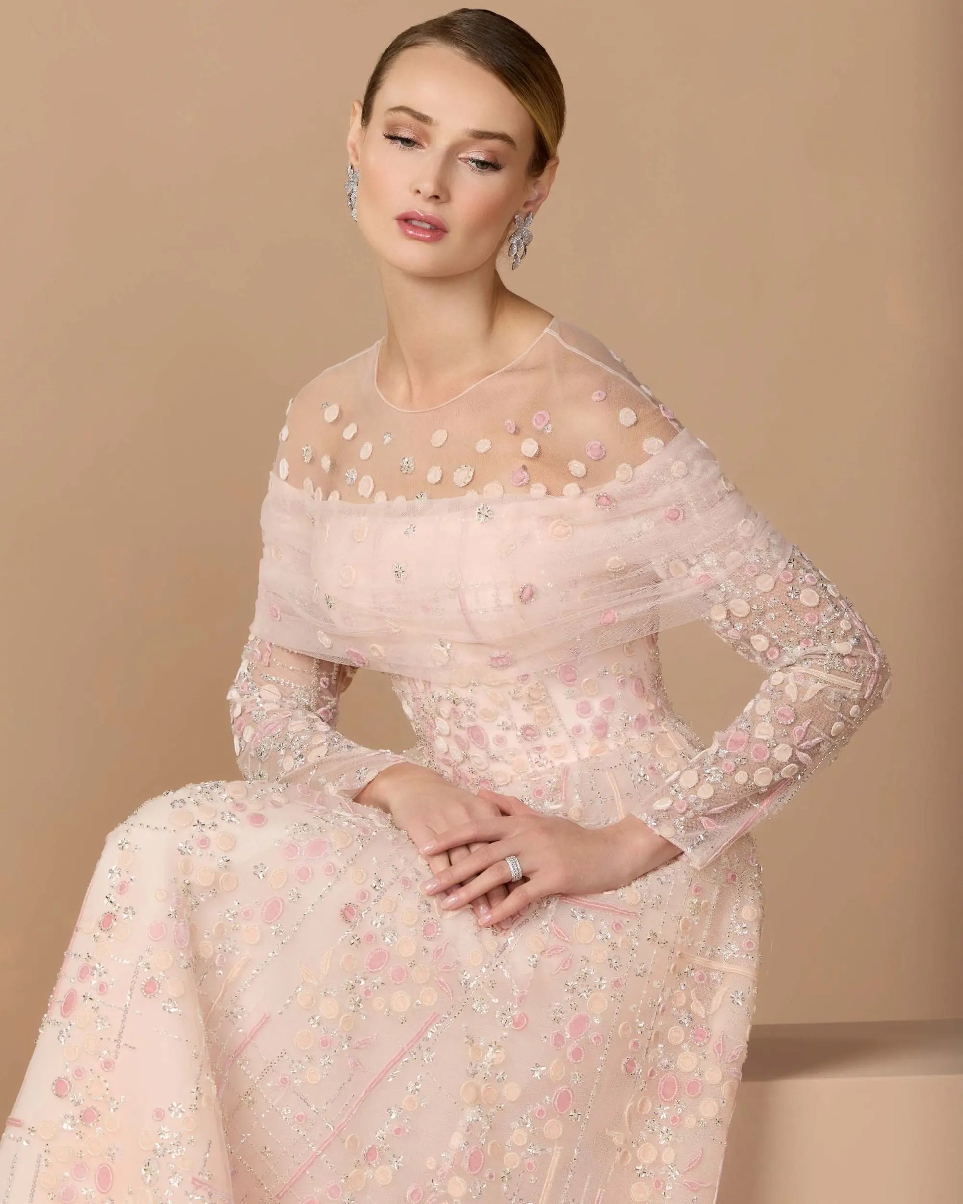 Pink Off The Shoulder Embellished Long Sleeve Ball Gown | Mac Duggal Pink Off The Shoulder Embellished Long Sleeve Ball Gown | Mac Duggal