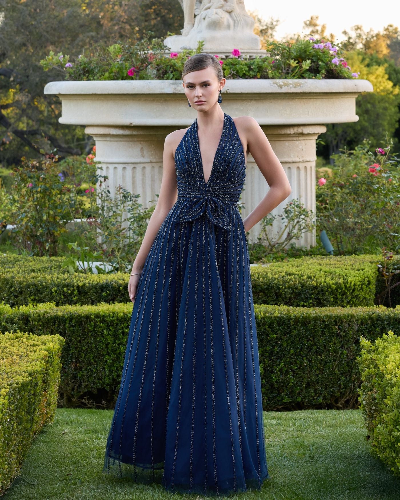 Navy Beaded Halter Neck Open Back Gown - Mac Duggal