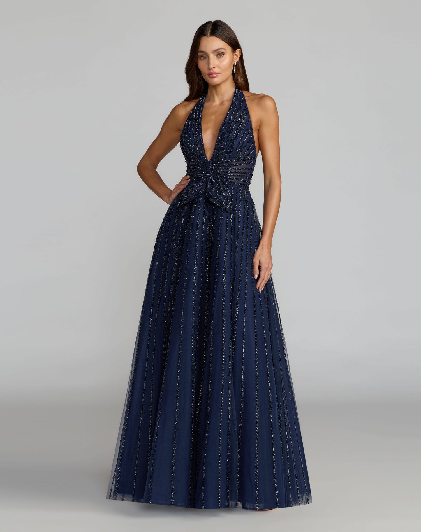 Navy Beaded Halter Neck Open Back Gown - Mac Duggal