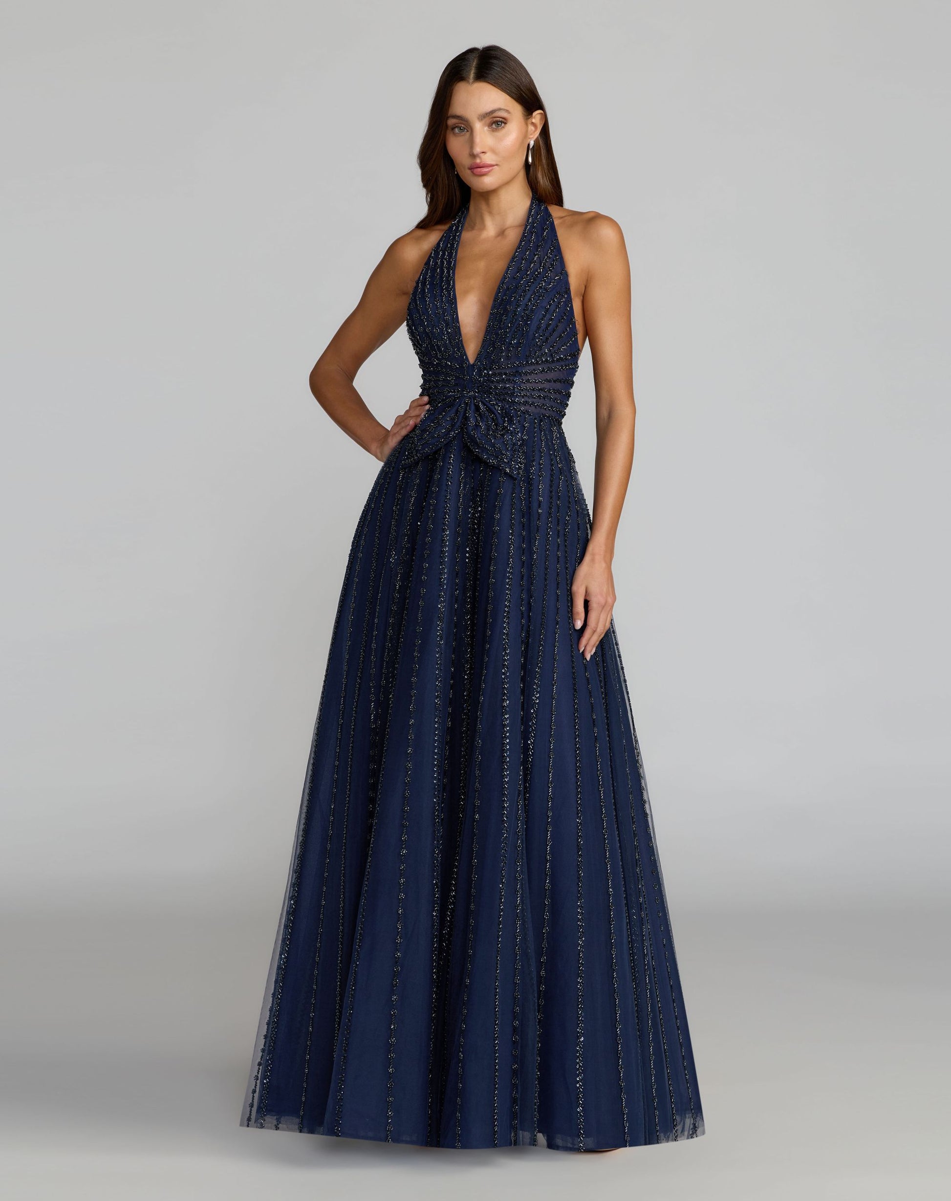 Navy Beaded Halter Neck Open Back Gown - Mac Duggal