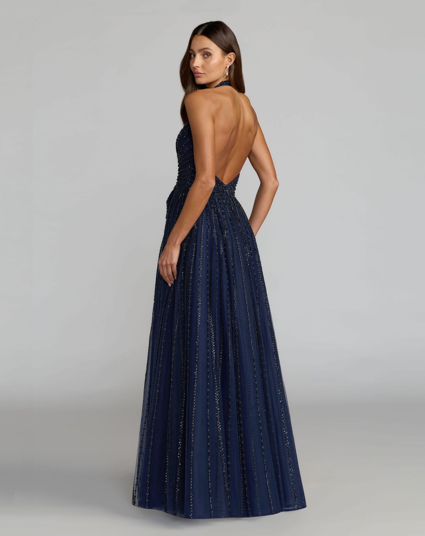 Navy Beaded Halter Neck Open Back Gown - Mac Duggal