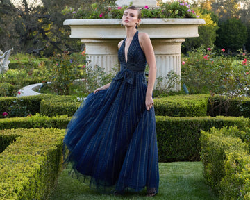 mac duggal flutter sleeve formal appliqu maxi dress Blue Floral Applique Long Illusion Gown With its exquisite detailing Mac Duggal Women's Embellished Flutter