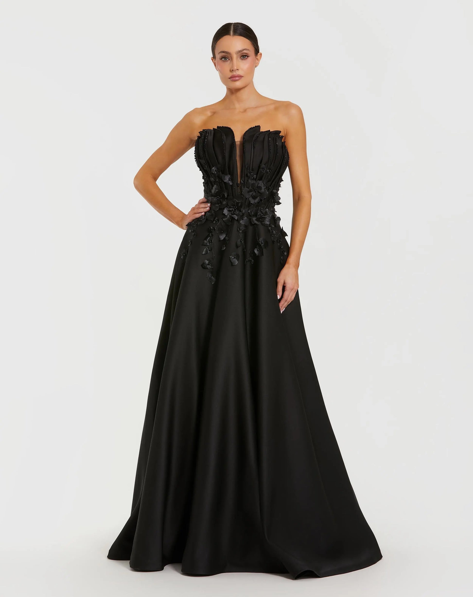 Strapless Satin Floral Beaded Embellished Ballgown - Mac Duggal