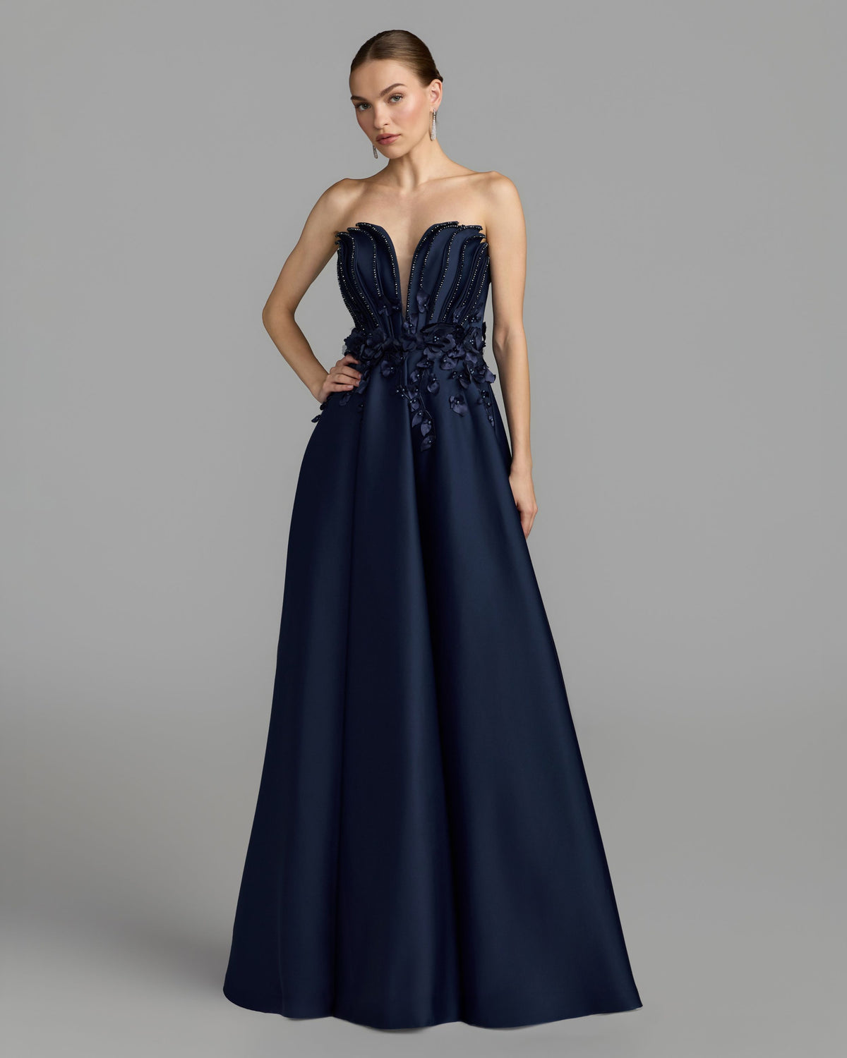 Navy Strapless Satin Floral Embellished Ball Gown Mac Duggal