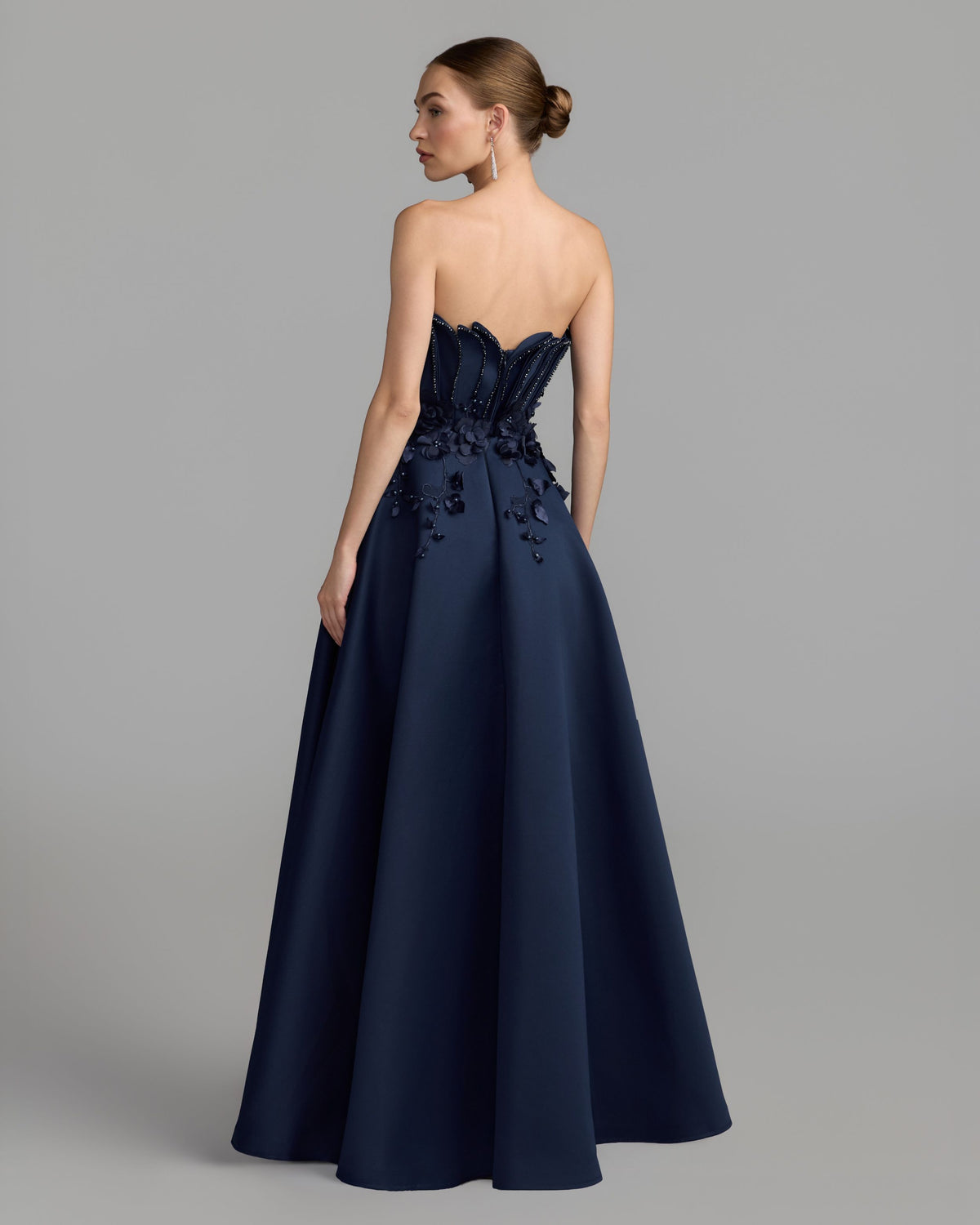 Navy Strapless Satin Floral Embellished Ball Gown Mac Duggal