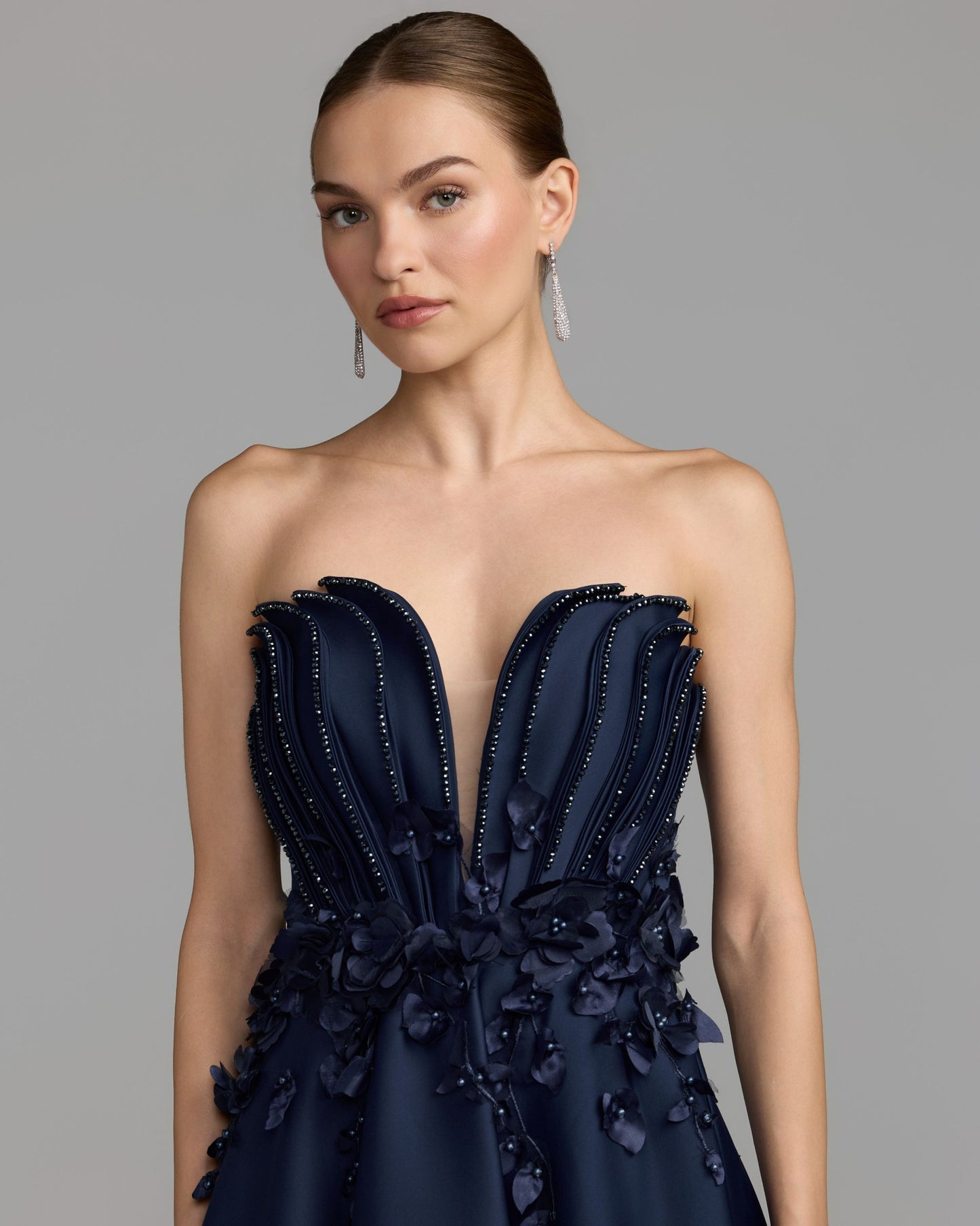 Navy Strapless Satin Floral Embellished Ball Gown Mac Duggal