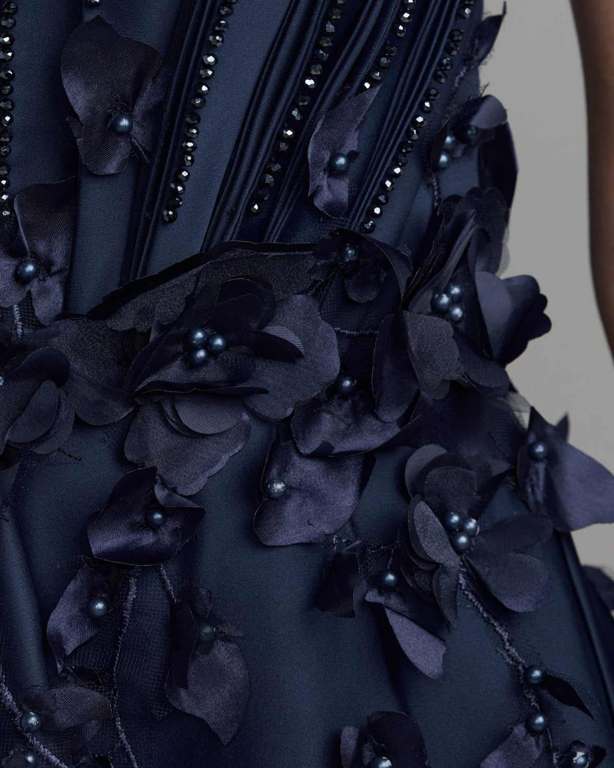 Navy Strapless Satin Floral Embellished Ball Gown Mac Duggal