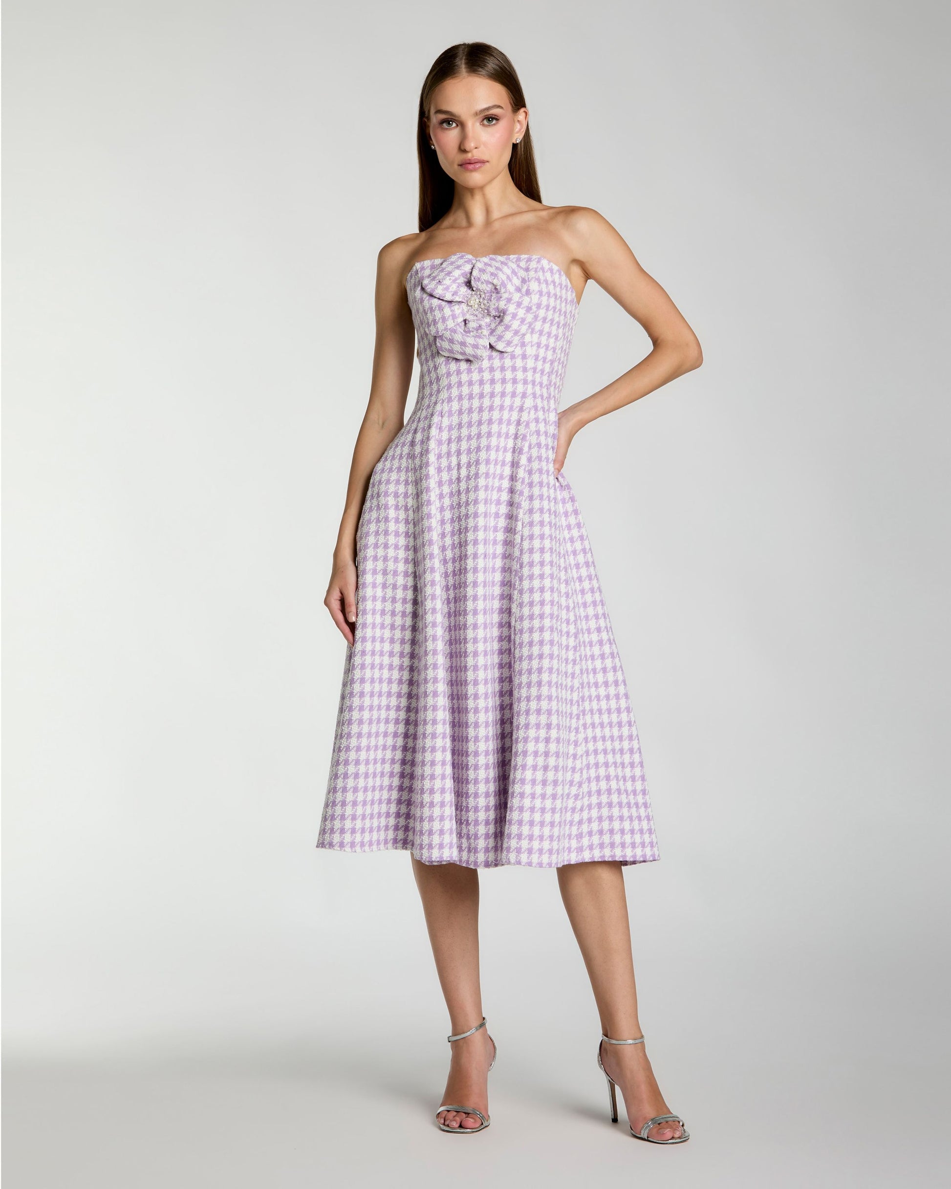 Purple Embellished Boucle Strapless Midi Dress Ieena for Mac Duggal