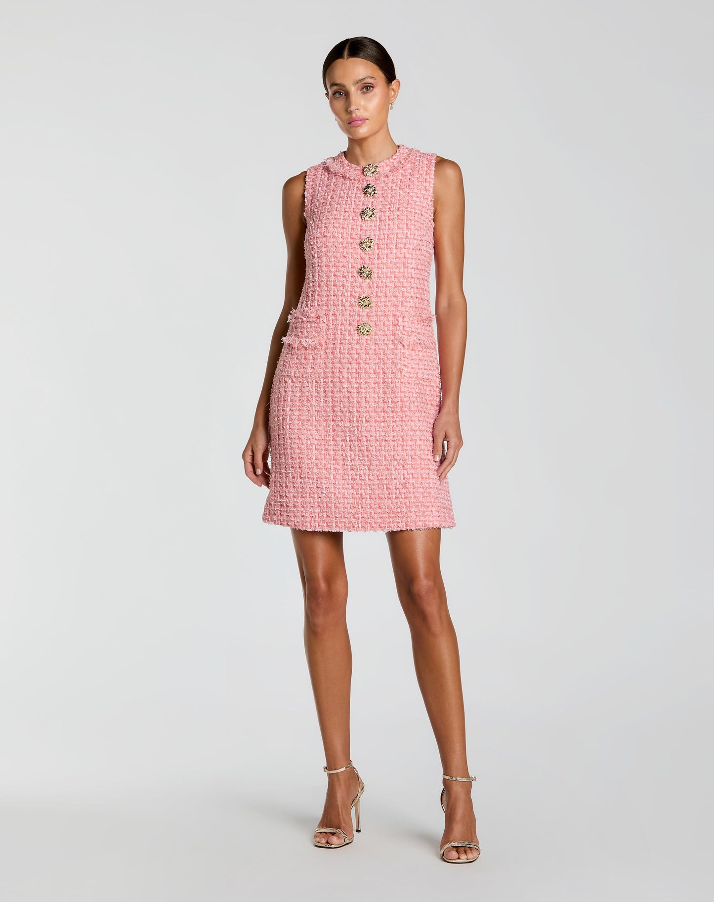 Pink Bouclé Sleeveless Mini Dress with Gold Buttons Ieena for Mac Duggal