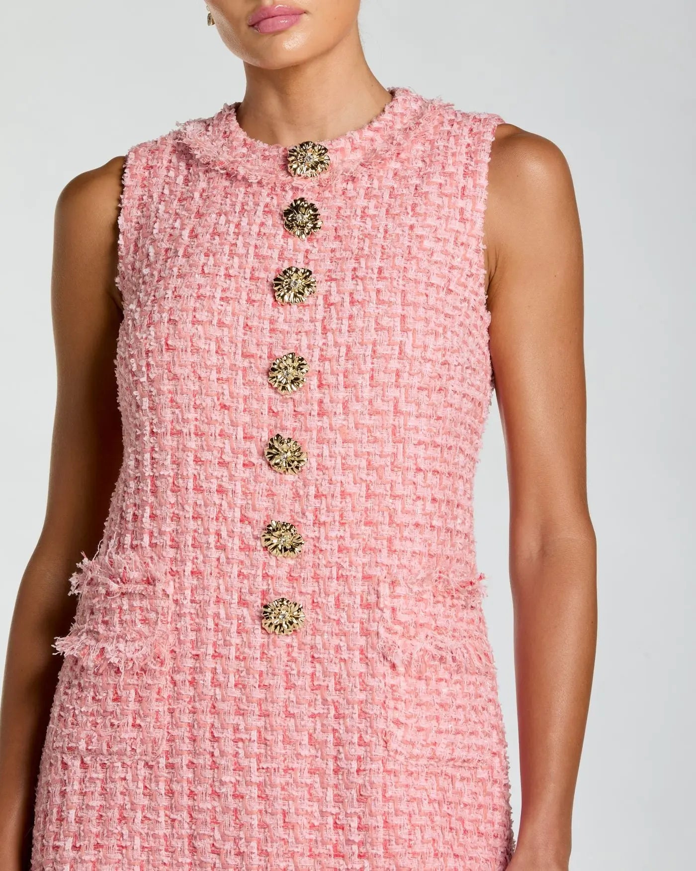 pink tweed dress with gold buttons Boucle Sleeveless Mini SATIN