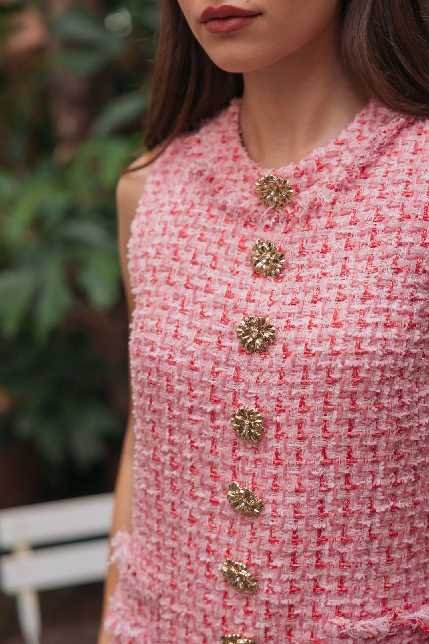 Pink Bouclé Sleeveless Mini Dress with Gold Buttons Ieena for Mac Duggal