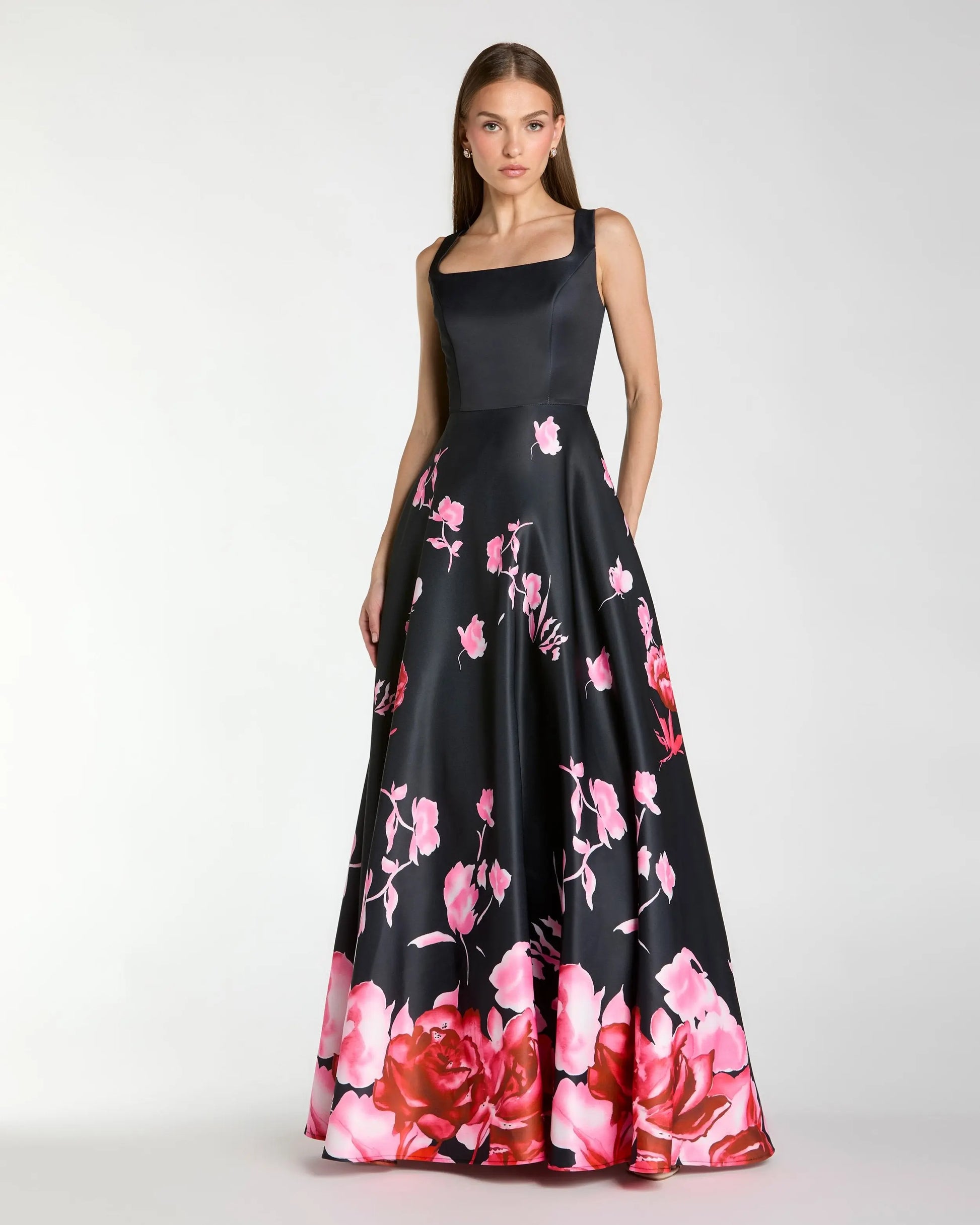 Black Square Neck Floral Print Ball Gown Ieena for Mac Duggal