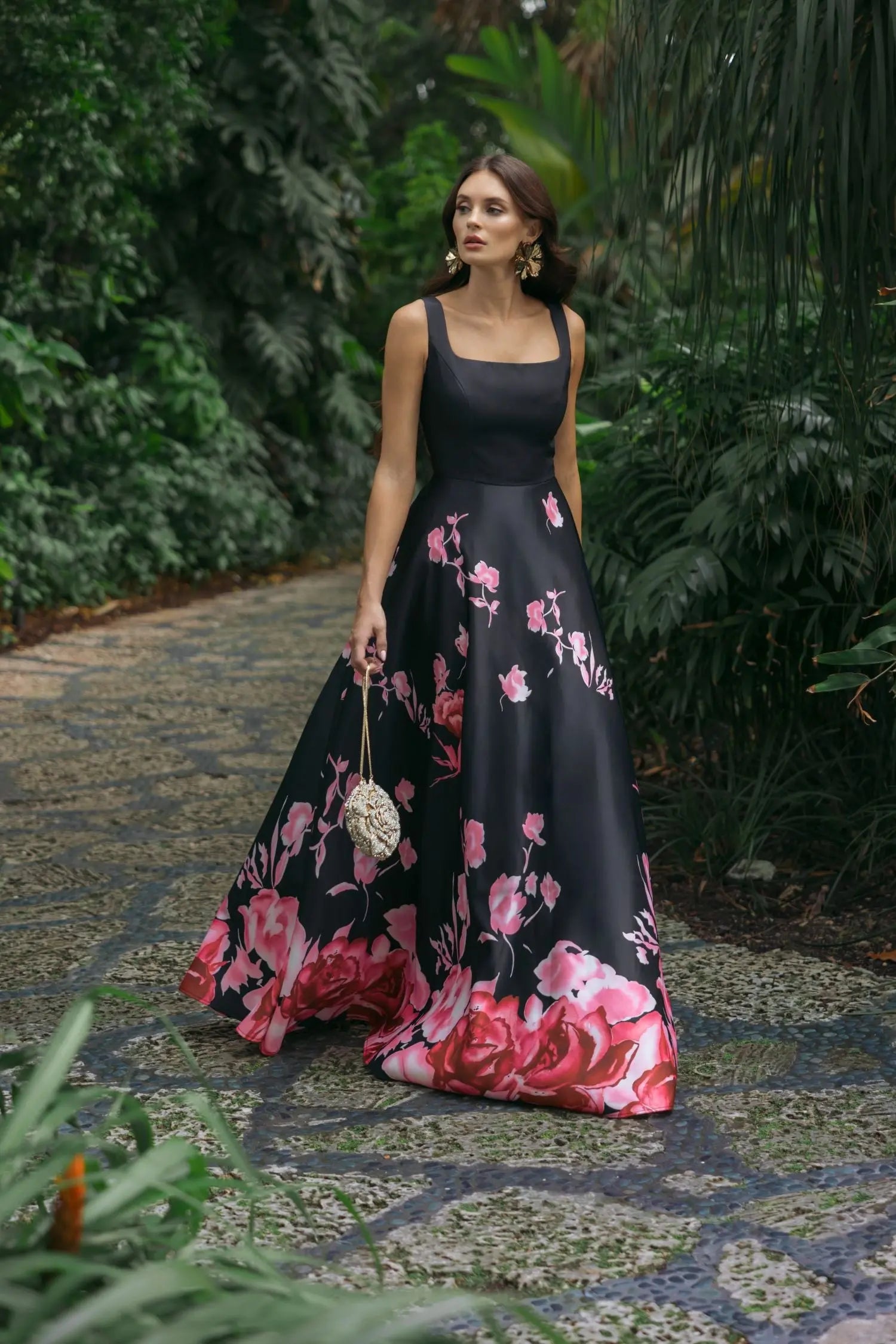 Black Square Neck Floral Print Ball Gown | Mac Duggal Black Square Neck Floral Print Ball Gown | Mac Duggal