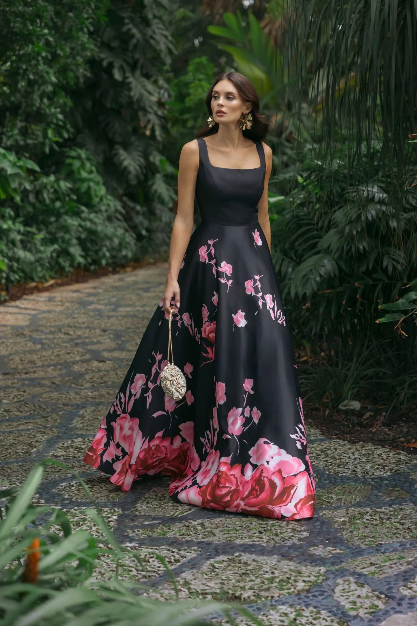 Black Square Neck Floral Print Ball Gown Ieena for Mac Duggal