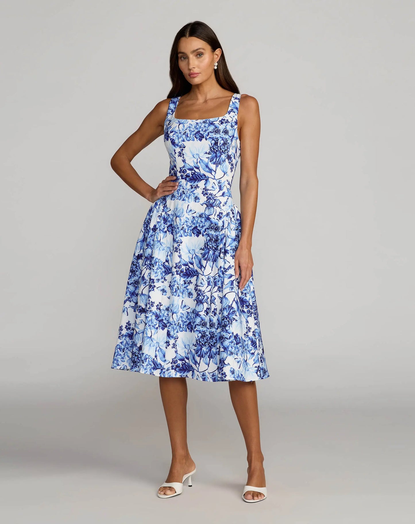 Blue Floral Printed Sleeveless Midi Dress ieena for Mac Duggal
