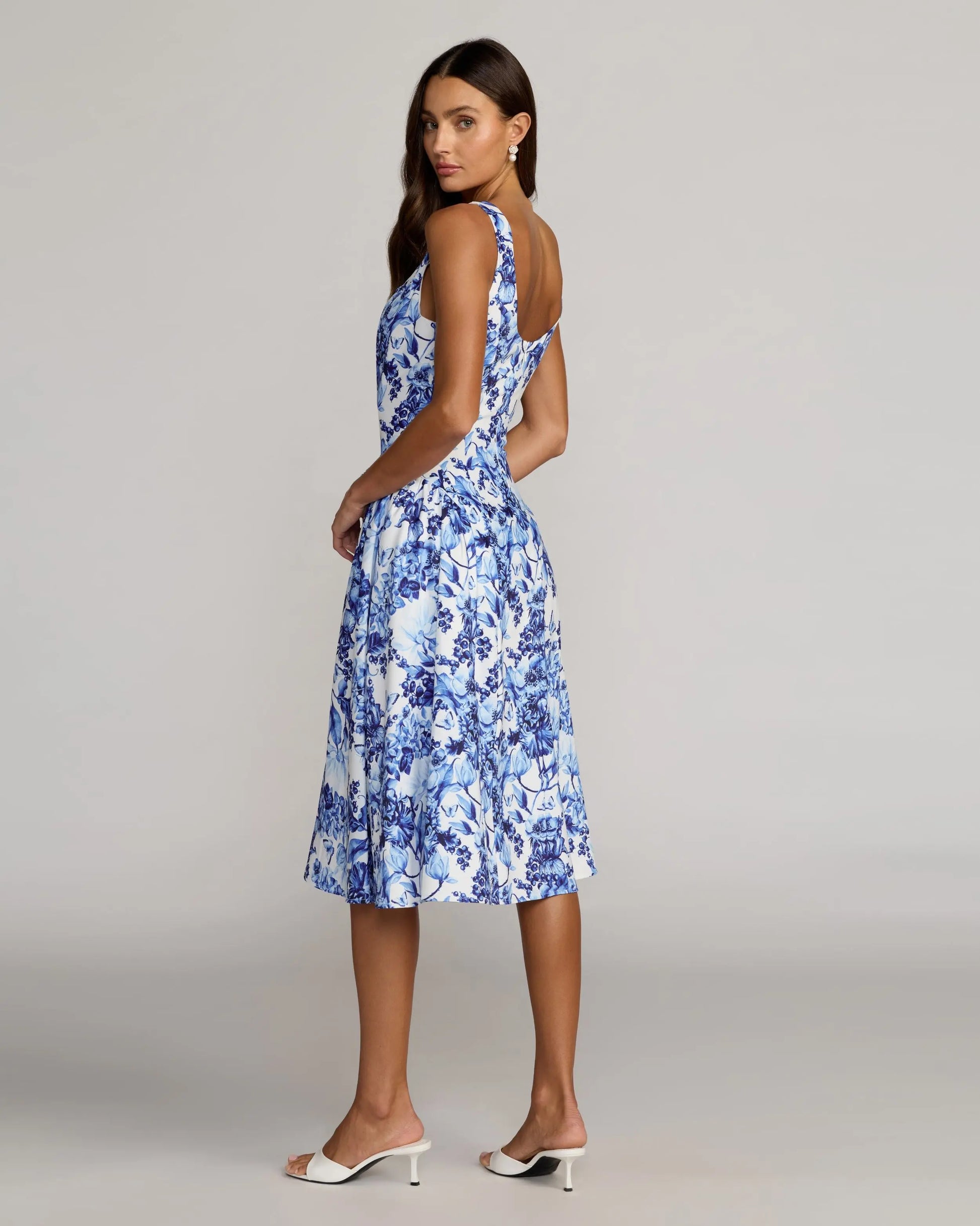 Blue Sleeveless Floral A-Line Midi Dress | Mac Duggal Blue Sleeveless Floral A-Line Midi Dress | Mac Duggal
