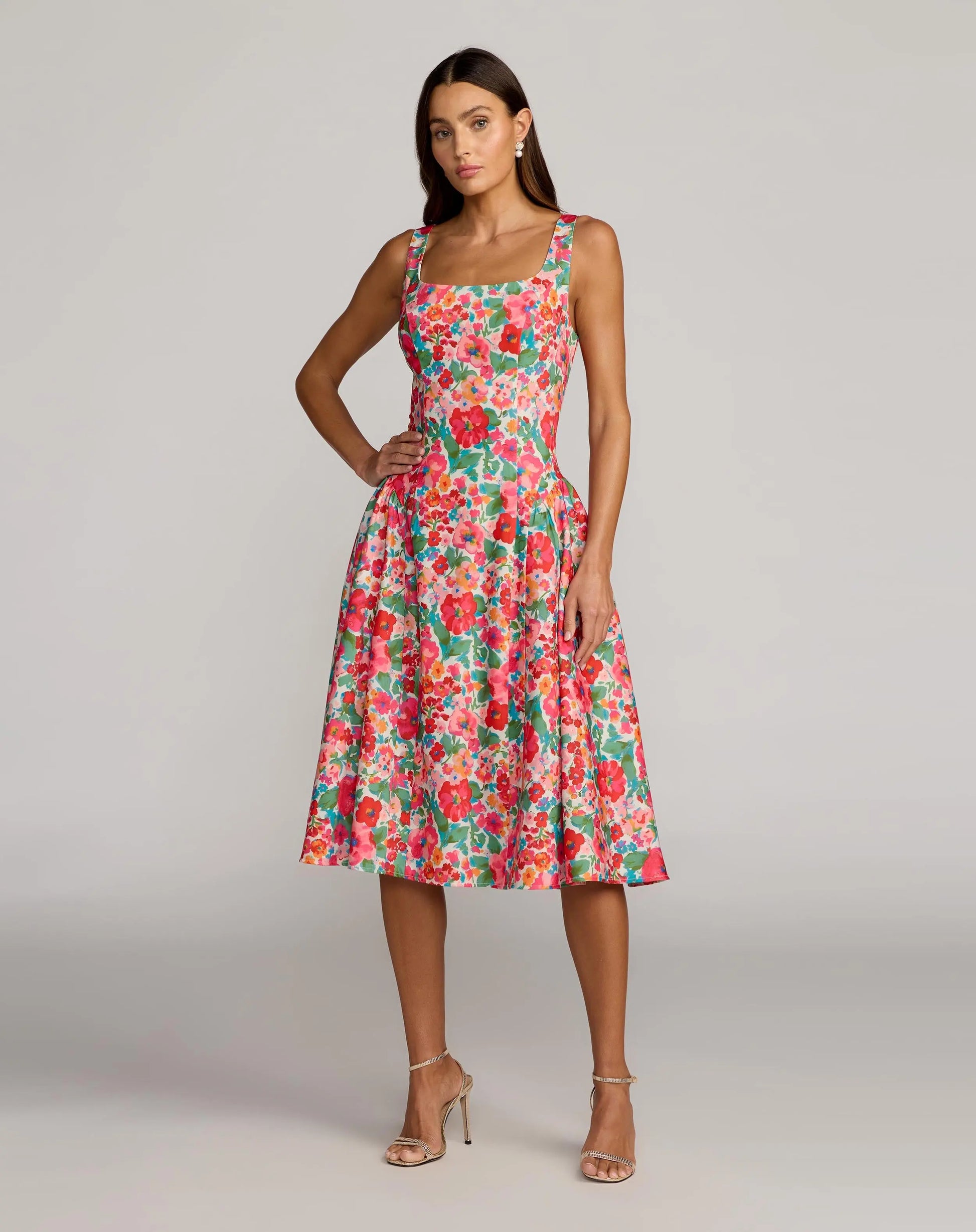 Multicolor Sleeveless Floral A-Line Midi Dress | Mac Duggal Multicolor Sleeveless Floral A-Line Midi Dress | Mac Duggal