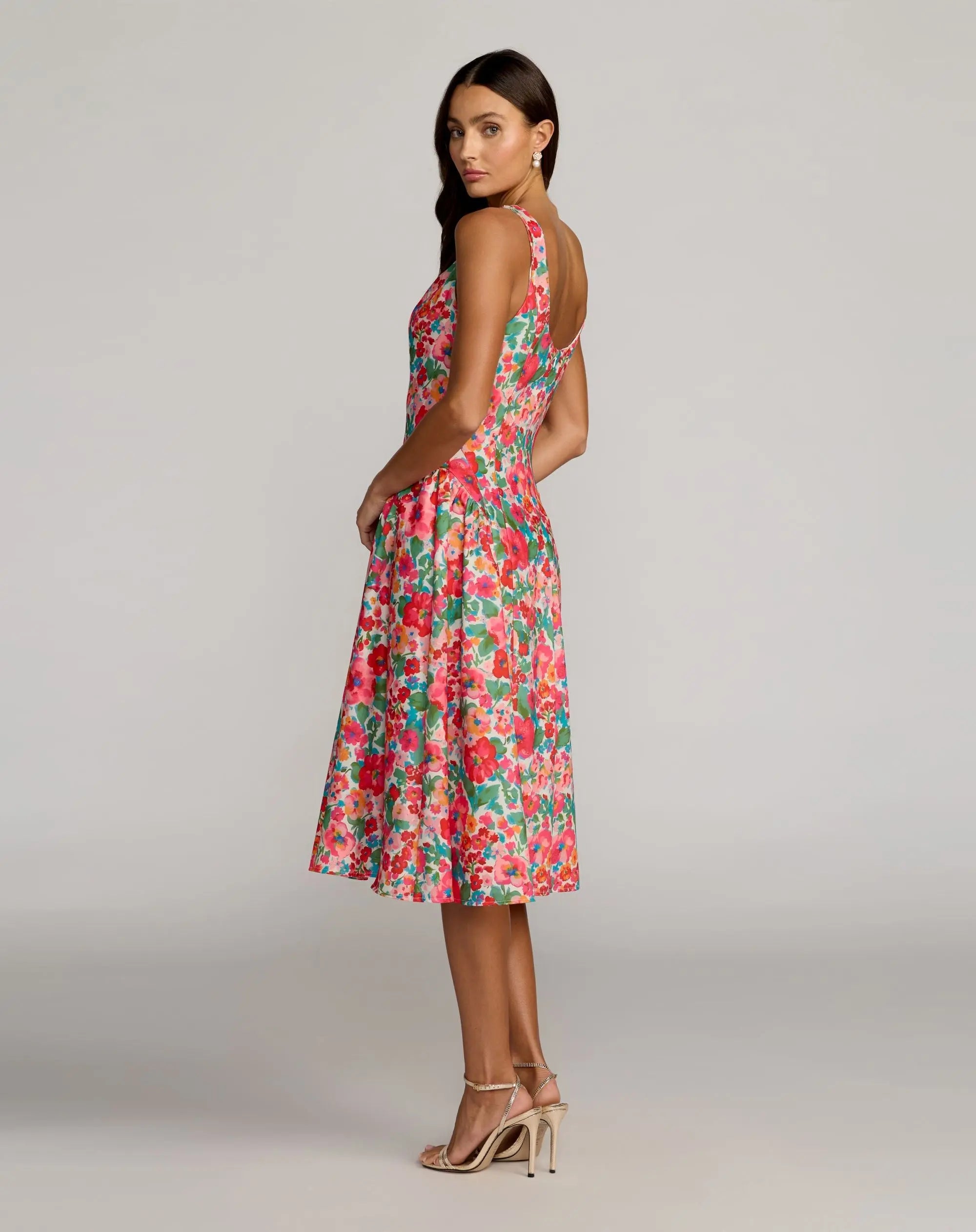 Multicolor Sleeveless Floral A-Line Midi Dress - Ieena for Mac Duggal
