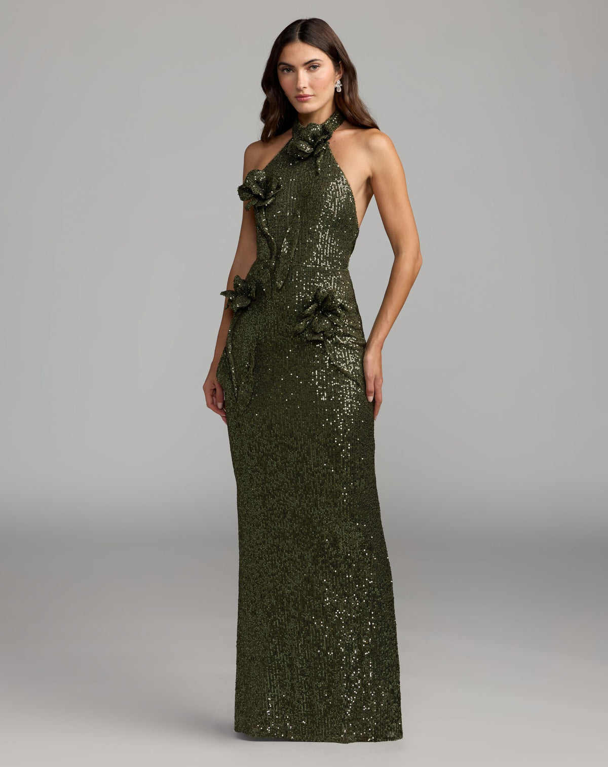 Green Halter Neck Sequin 3D Flower Column Gown - Ieena for Mac Duggal